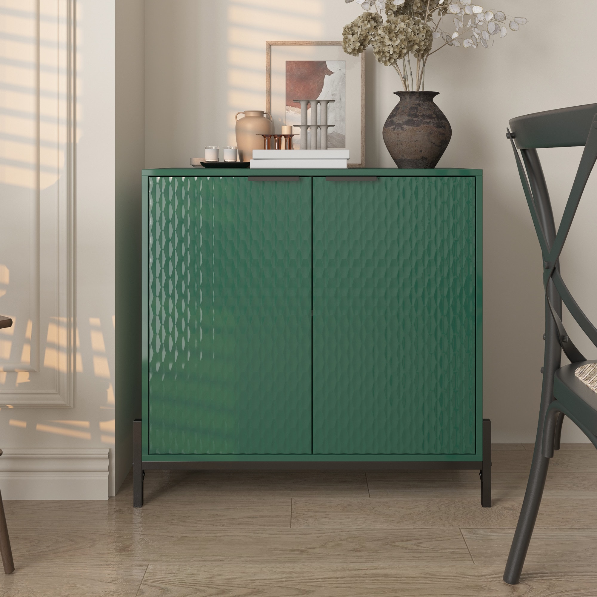 Green Glossy MDF Freestanding Accent Cabinet with Adjustable Shelving