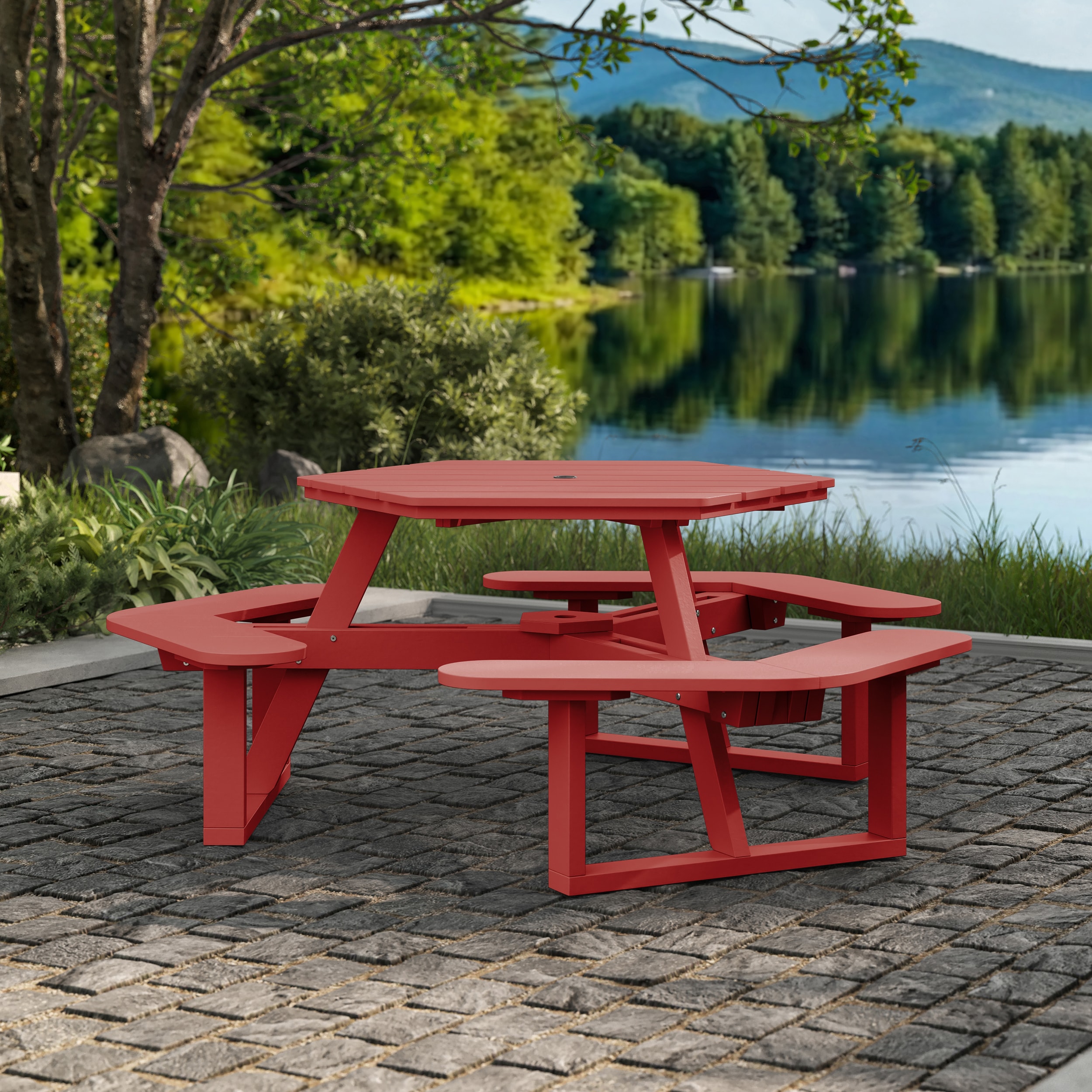 highwood - 74-in Red Recycled plastic Hexagon Picnic Table