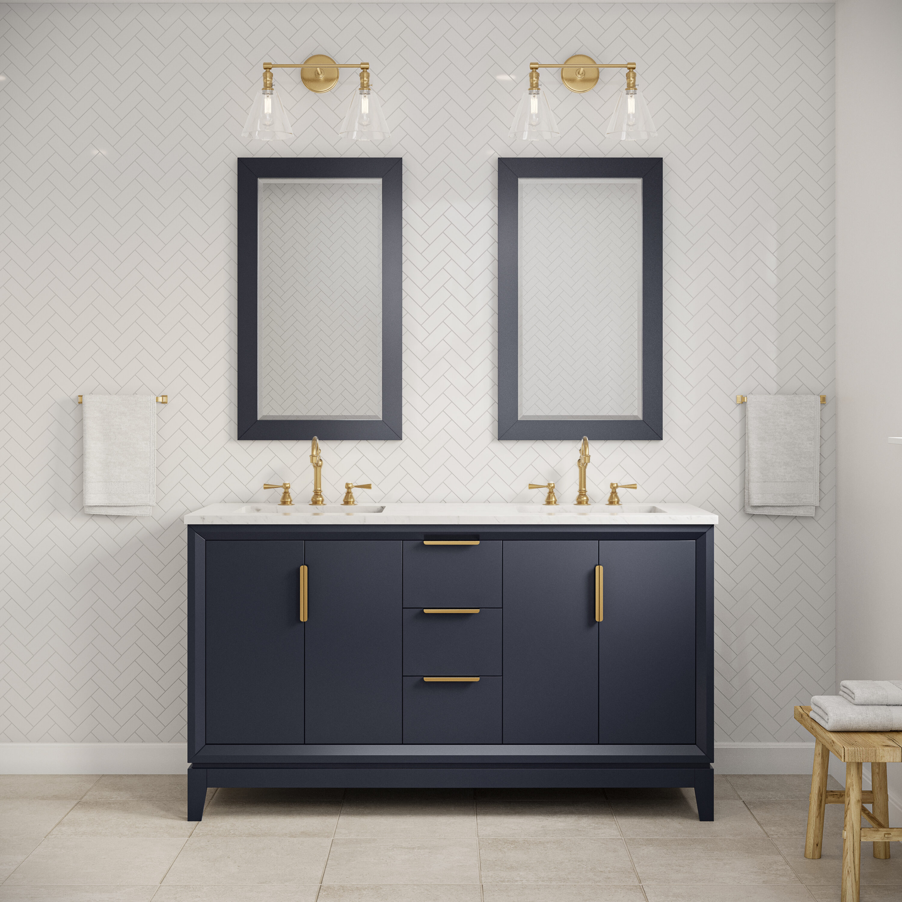 Navy Blue Bath Vanity with Antique Brass Vintage Faucet - Transitional -  Bathroom