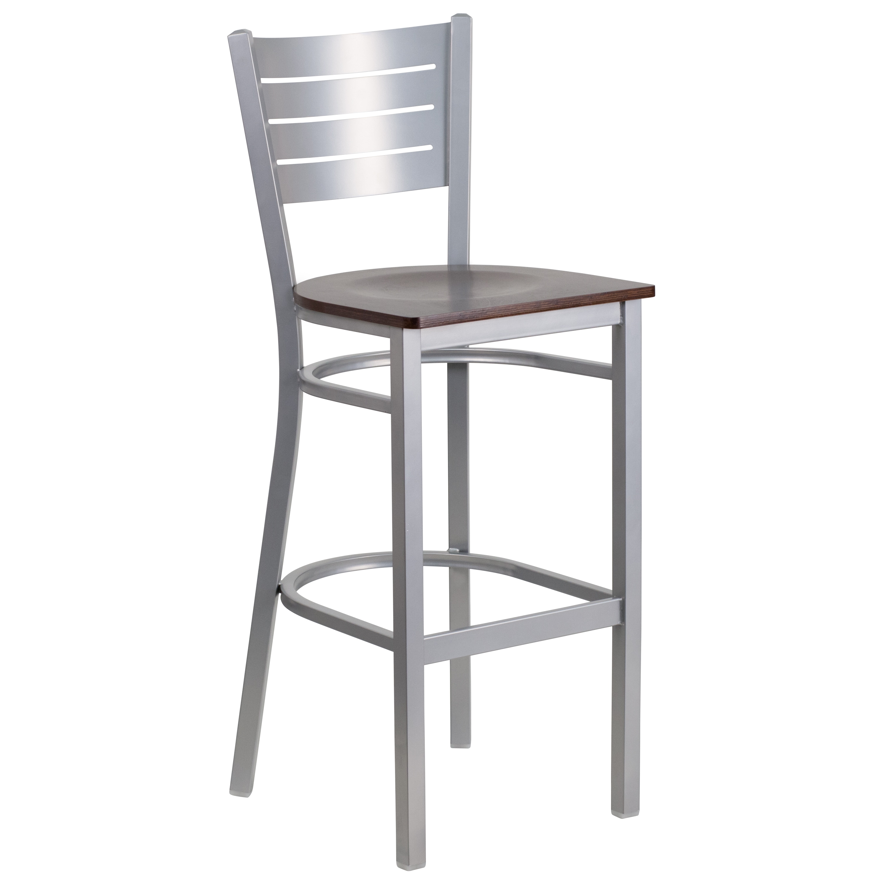Flash Furniture 889142002031 Walnut Wood Seat/Silver Frame 29.88-Inches H Bar height Square seat Metal Bar Stool and Back