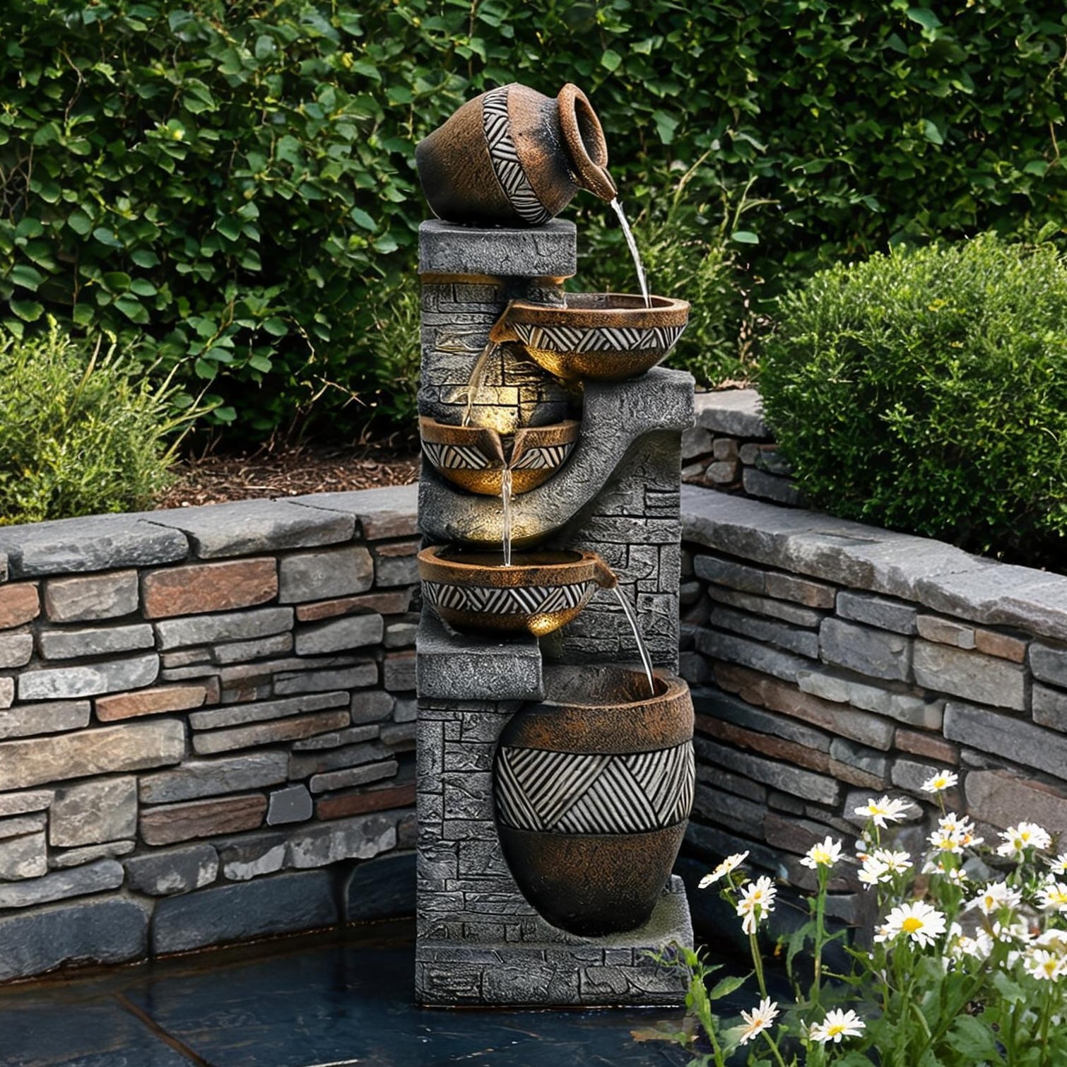chillscreamni Freestanding Outdoor Waterfall Fountain in Classic Gray Resin with Five Cascading Tiers 42.5-Inch Tall Modern Garden Accent