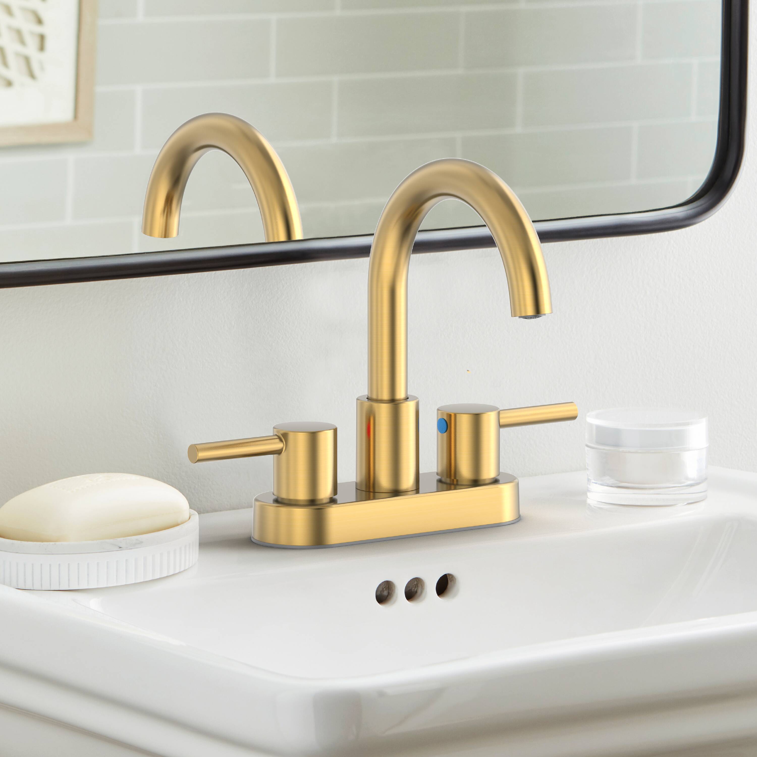 Project Source 67703W-634408 Idlewood Brushed Gold 4-in centerset 2-handle WaterSense Mid-arc Residential Handle Bathroom Sink Faucet with Drain with Deck Plate