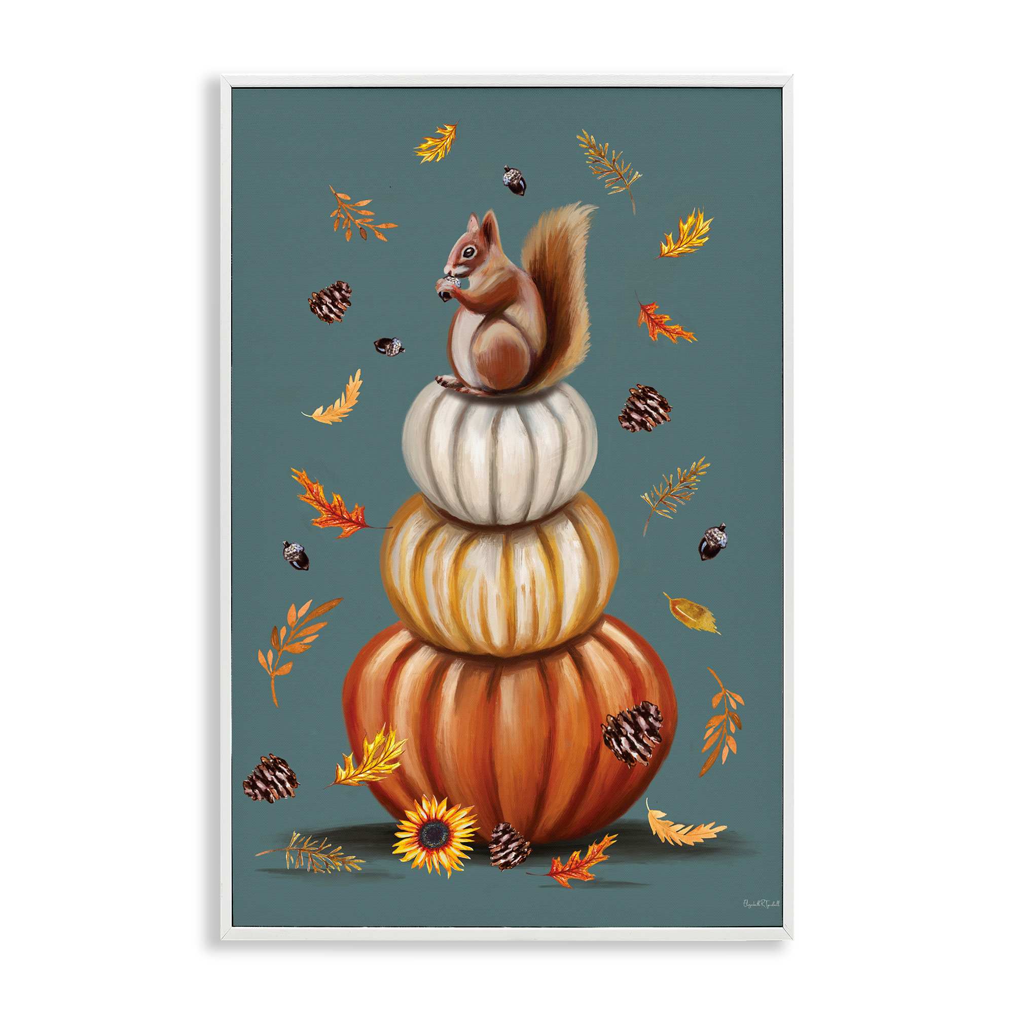 Stupell Industries BS-666-WFR-12X18 Squirrel Atop Pumpkin Stack White Framed Giclee Art By Elizabeth Tyndall 12 x 18