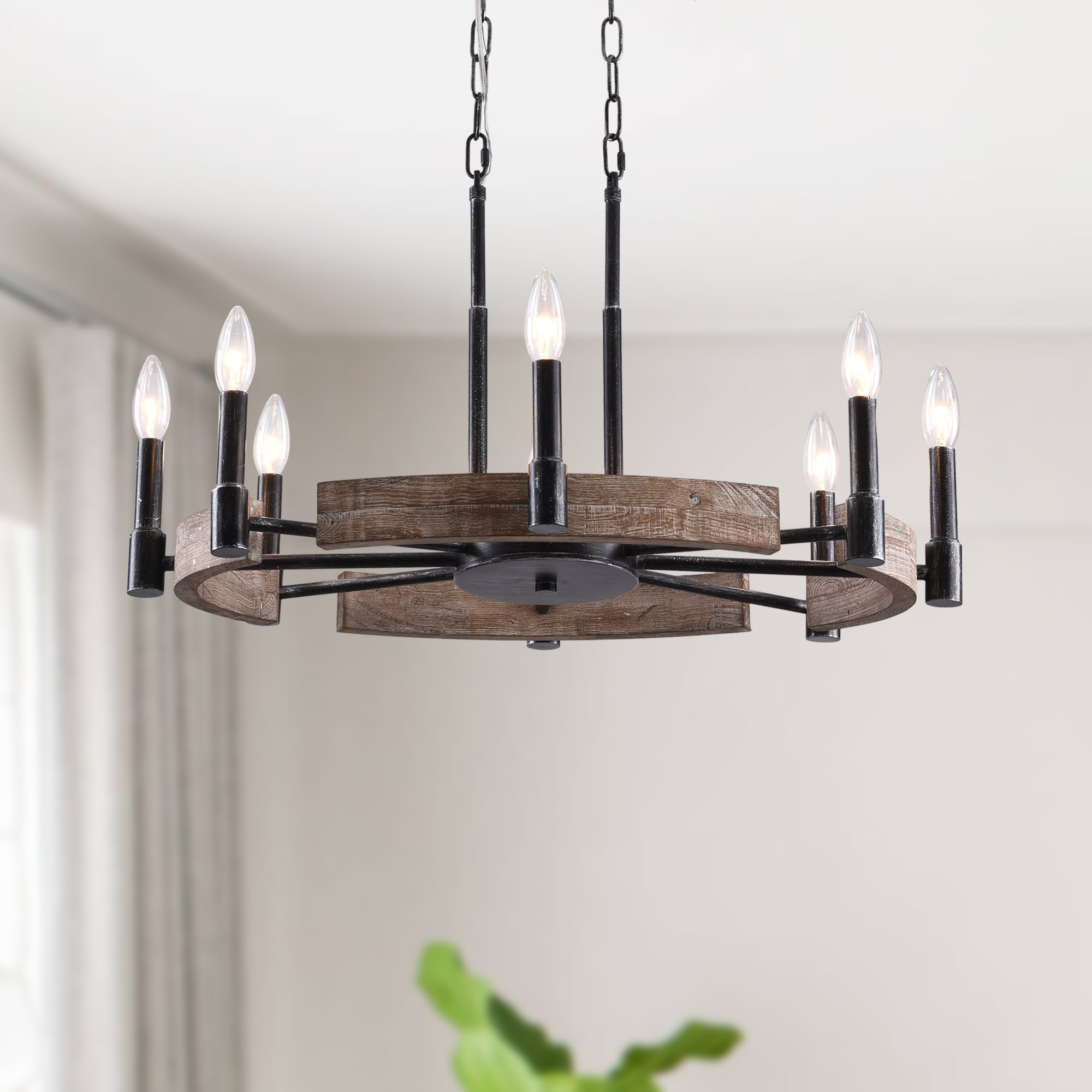 Cusp Barn FC4064-8H FC4064 8 -Light Brushed Brown French country/cottage Bare bulb Wood For Use in Bedrooms, Dining Rooms, Foyers, Kitchens, Living Rooms Chandelier