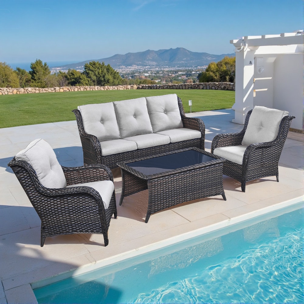 Pocassy PJ130618-2 Outdoor Conversation Set 4 -Piece Wicker Patio Sofa Conversation Set with Beige Cushions