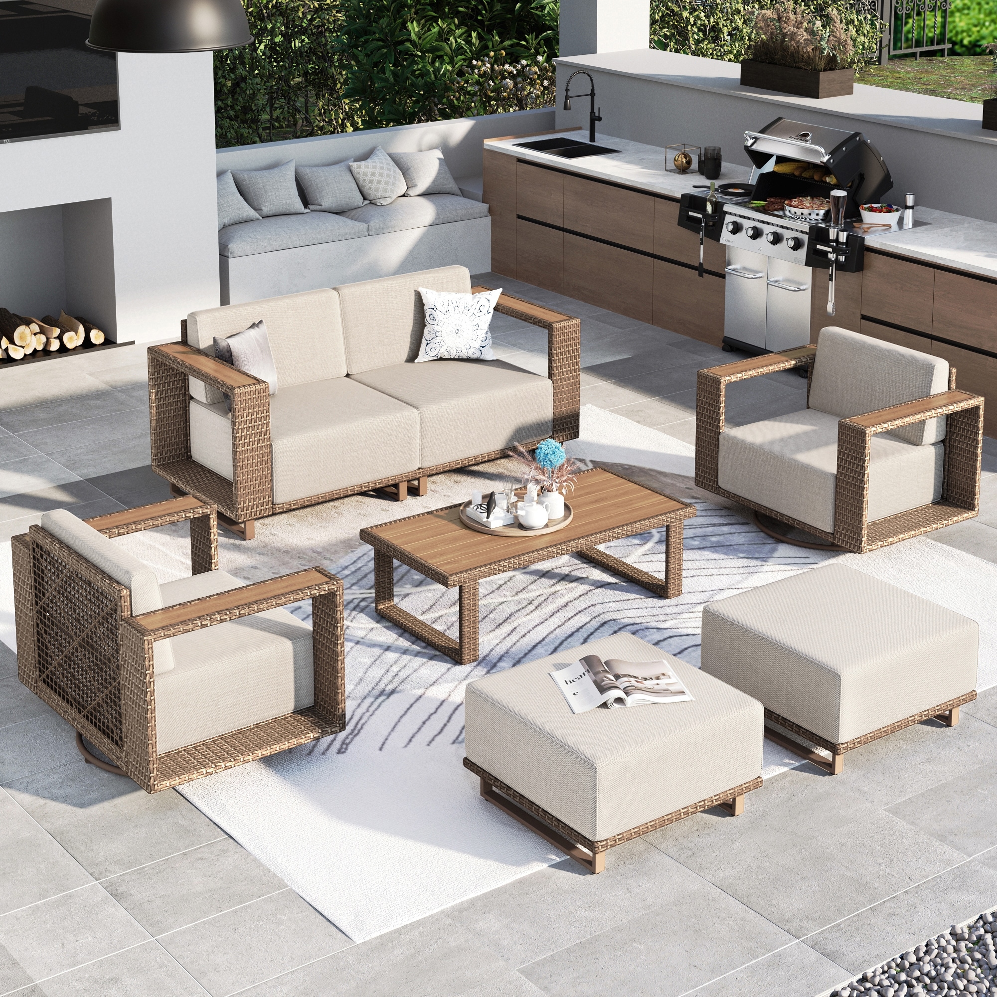 Sunshine Valley - 6 -Piece Wicker Patio Conversation Set with Beige Cushions Included
