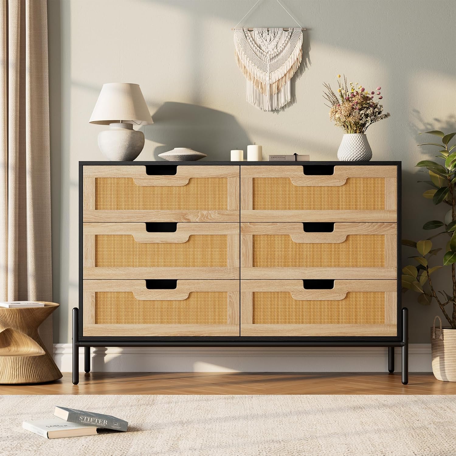 Qeetex DHZ-PHO-107T27I6 Natural Rattan 6 Drawer Double Dresser Wooden Chest of Drawer Farmhouse Storage Cabinet with Solid Metal Legs Modern Storage Unit for Bedroom Living Room Entryway Black Oak