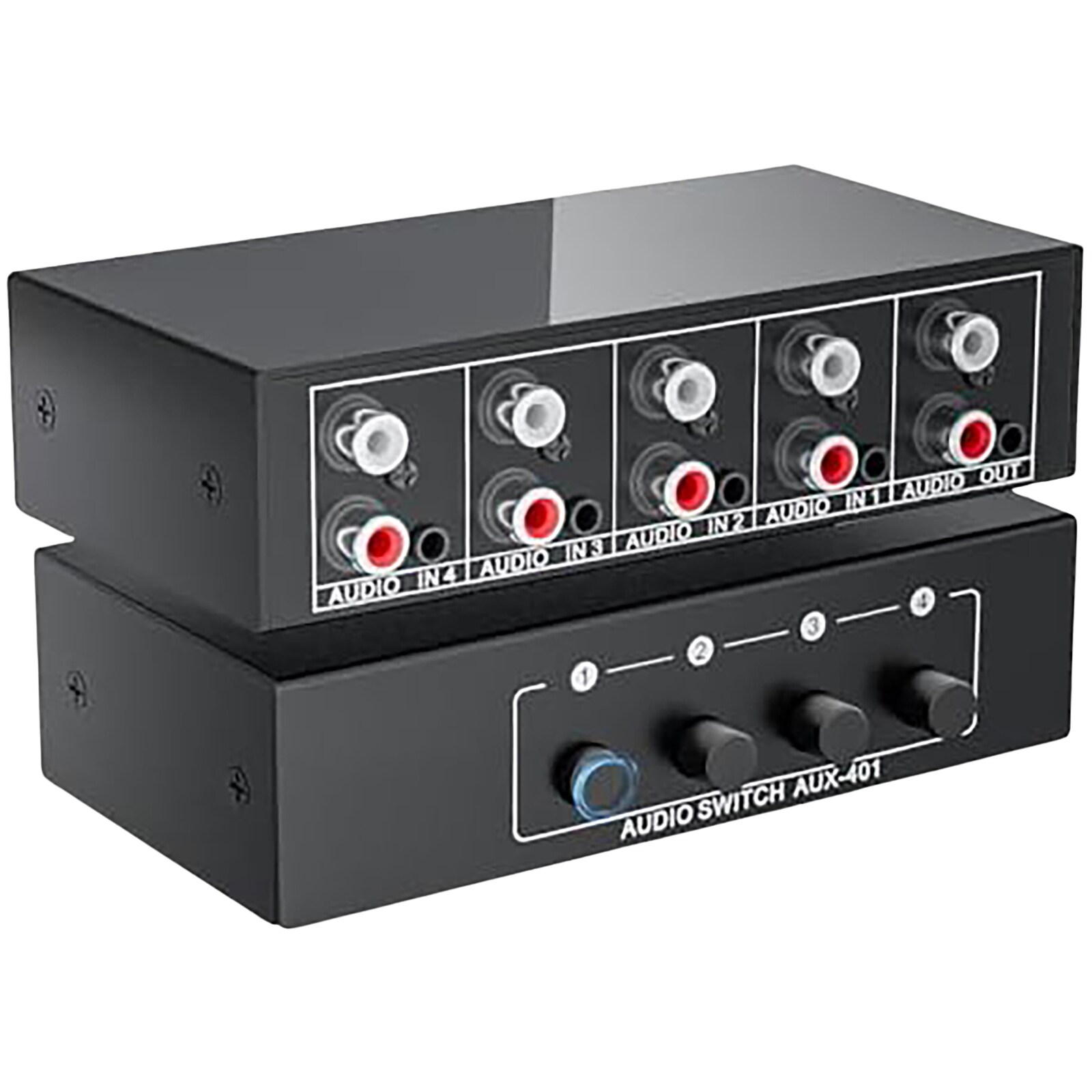 Etokfoks  bidirectional stereo audio switch box with 4 in 1 out configuration supporting 3 5mm aux and RCA LR inputs and outputs in passive
