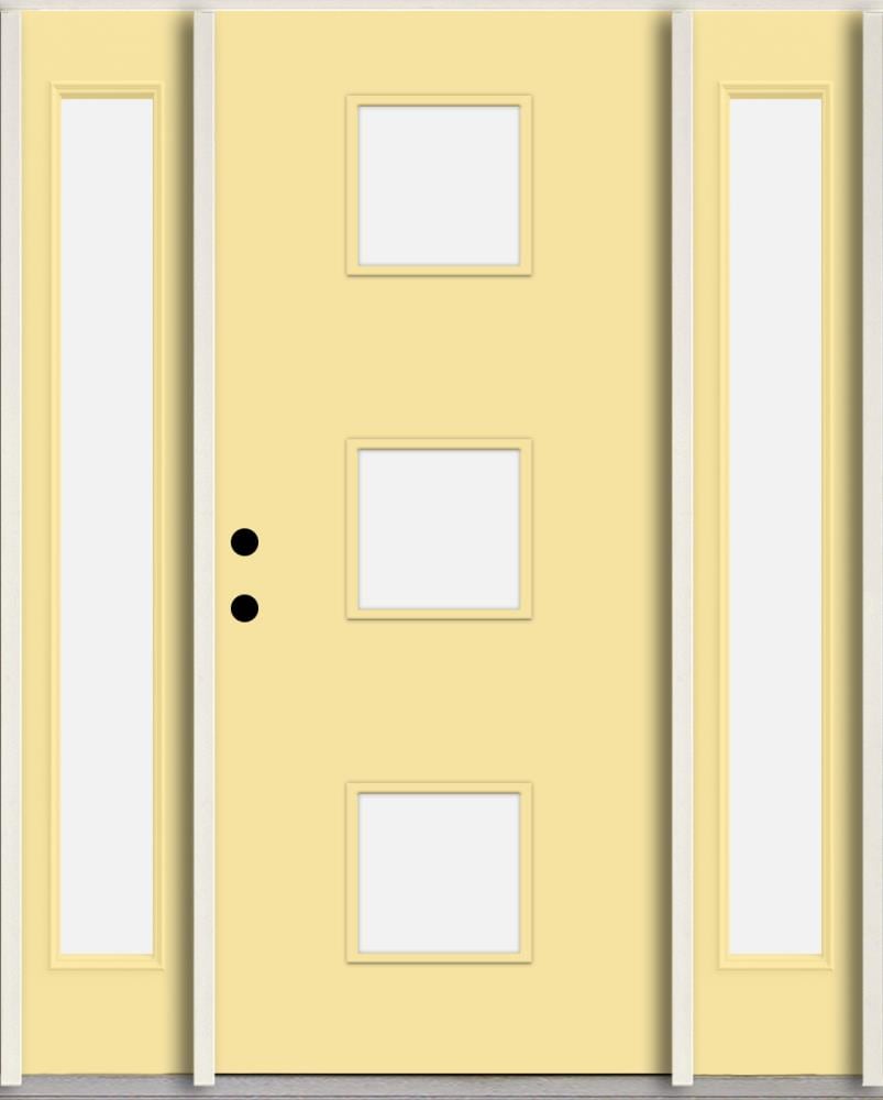 RELIABILT LO1066491 Spotlights 60-in x 80-in x 4-5/8-in Fiberglass 1/4 lite Right-hand inswing Cabana Yellow Paint Painted Prehung Front Door with Sidelights Insulating core