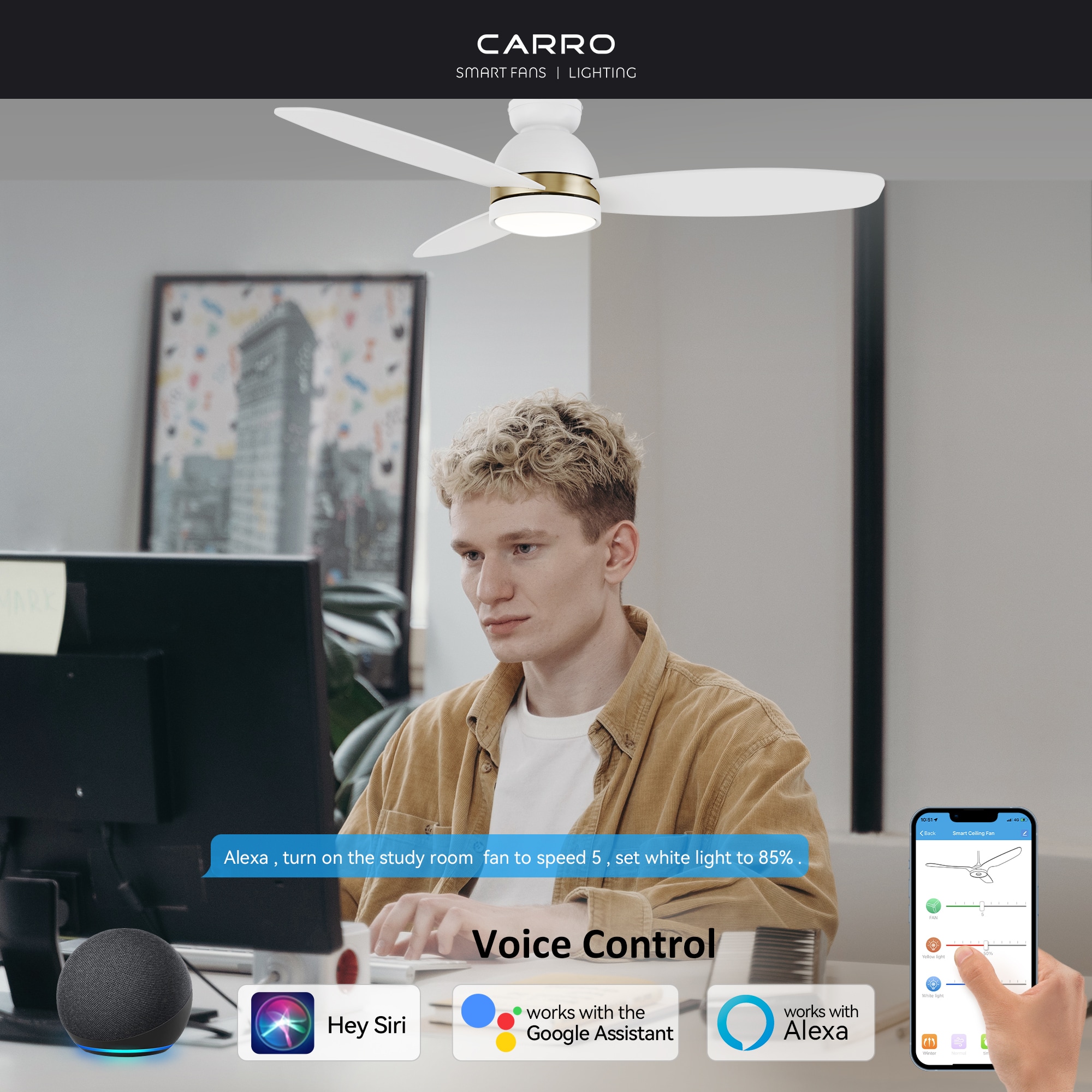 CARRO USA Biscay 52-in White Indoor/Outdoor Flush Mount Smart Ceiling Fan with Light and Remote (3-Blade) LS523Q5-L12-W1-1-FMA Sansujyuku sansujyuku.com