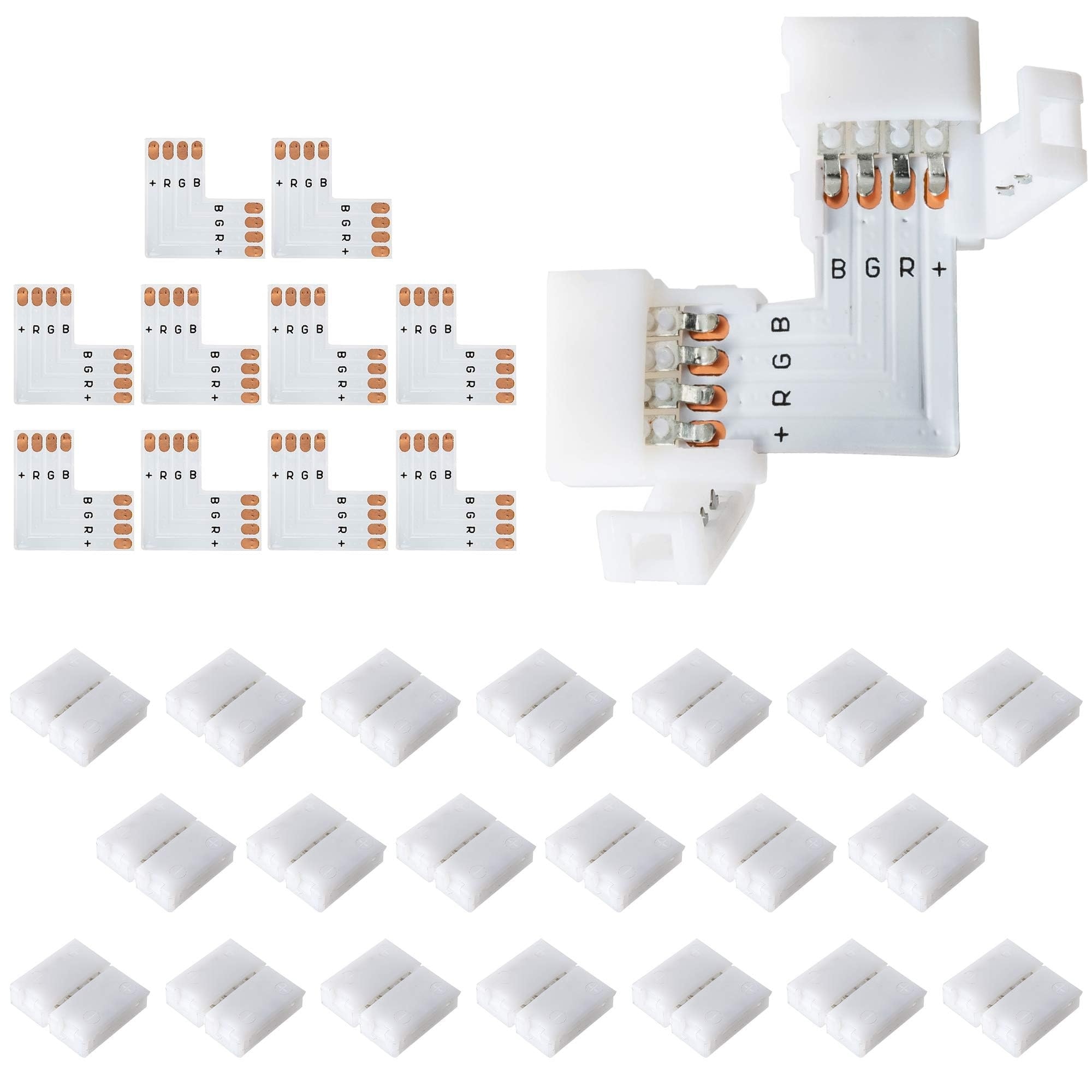 Vrbgify 20 Pack L Shape 4 Pin LED Connector Kit for 10mm RGB Strip Lights Solderless Includes 22 Connector Clips and 10 L Boards for SMD 3528 #A05VG12006