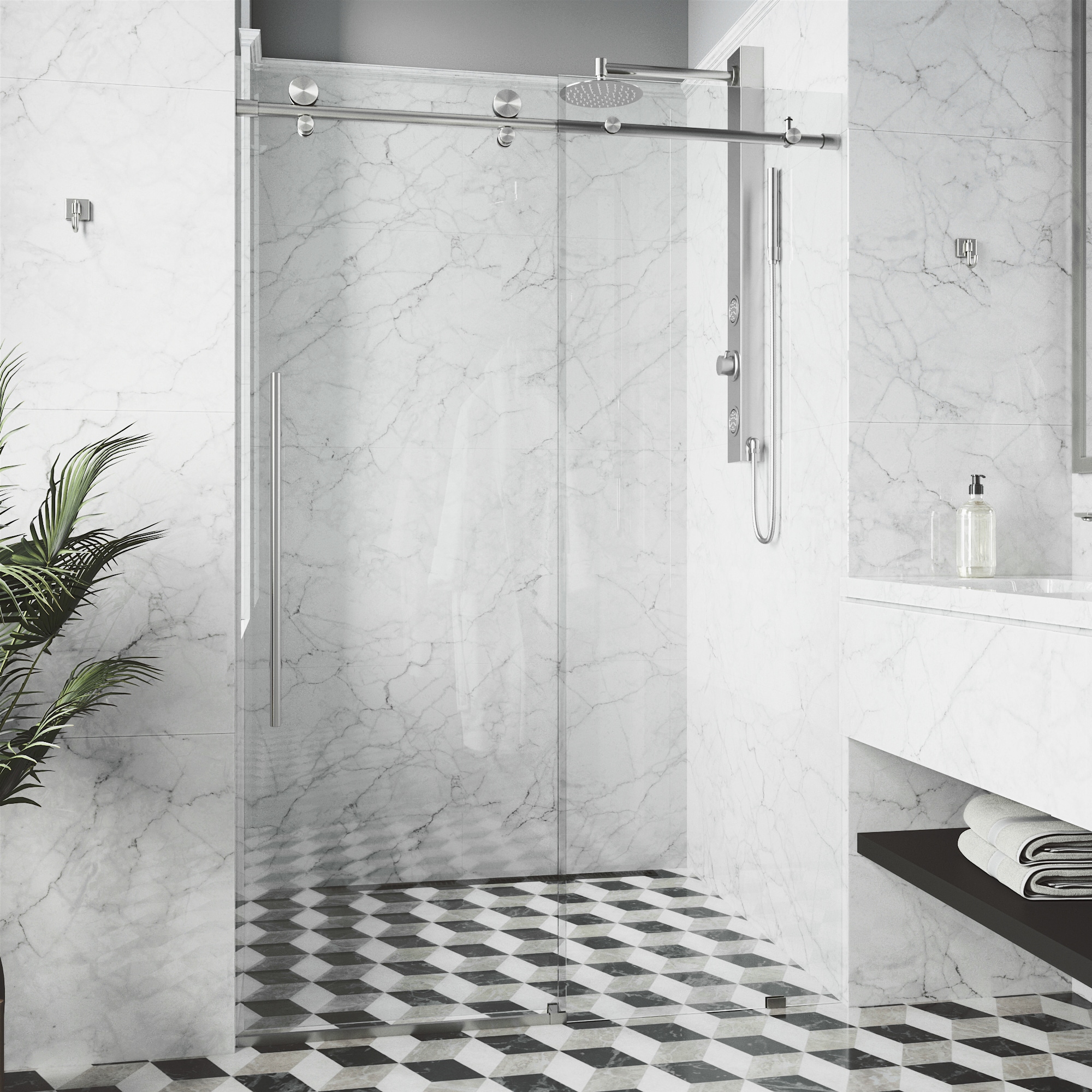 VIGO VG6021STCL5676 Elan E-Class Stainless Steel 52-in to 56-in W x 76-in H Frameless Sliding Shower Door 3/8-in Thick Clear Glass