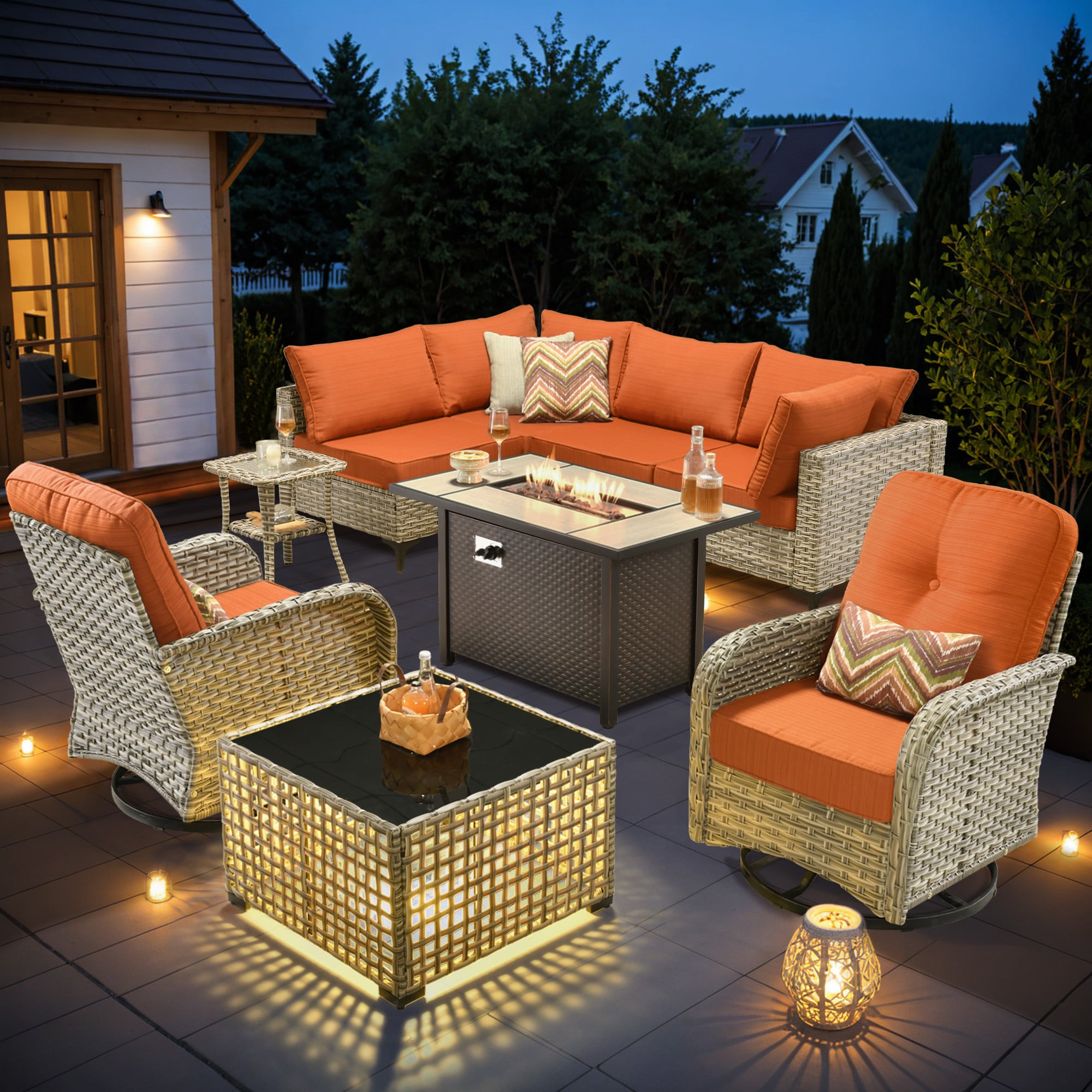 Ovios RFPSK808YV 9 -Piece Wicker Patio Conversation Set with Orange Cushions