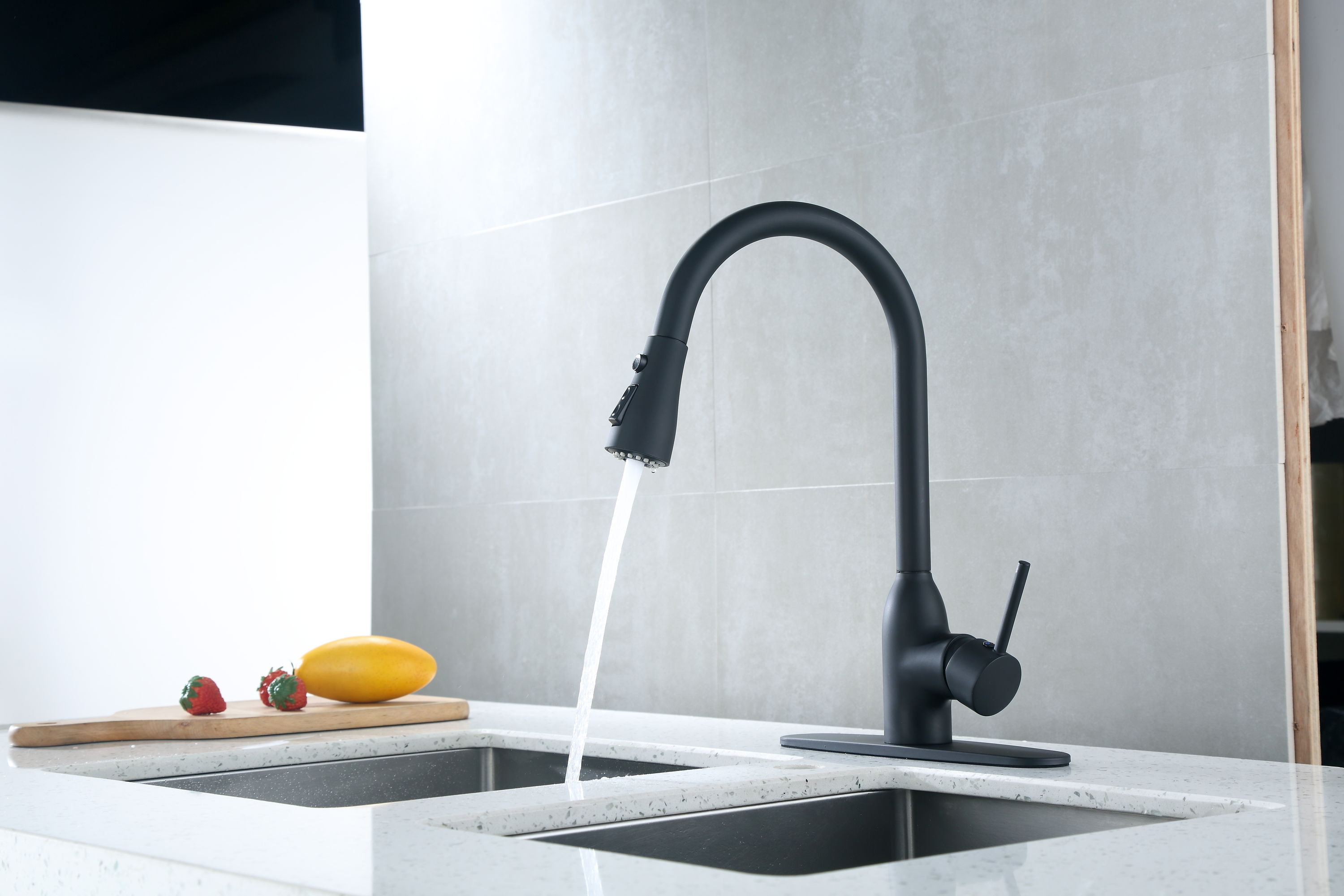 Runfine RFF10E-BLK Birmingham Matte black Single Handle Deck-mount Kitchen Faucet with Sprayer ( Deck Plate Included )