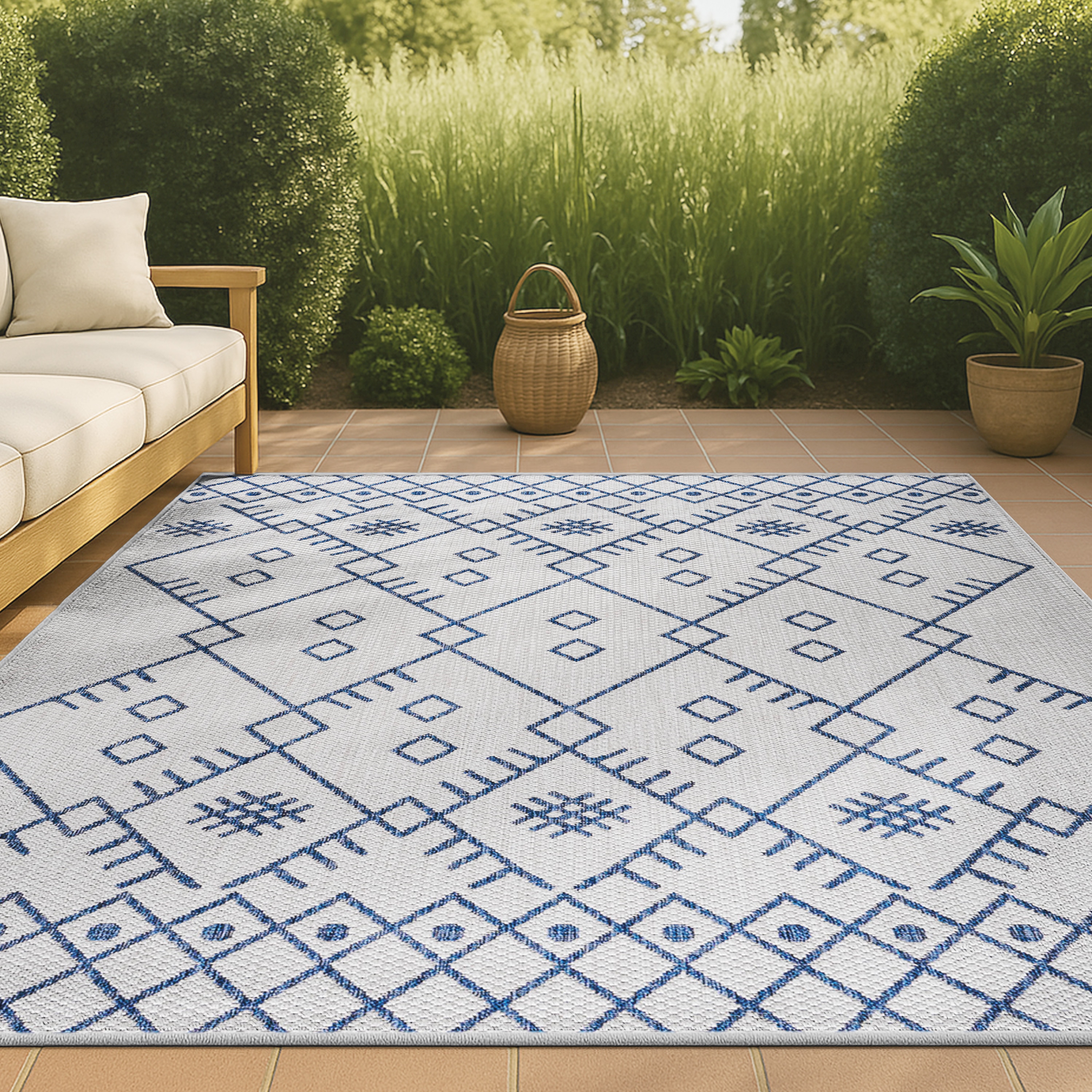 JONATHAN  Y SMB123B-3 Santa Monica Boho 3 x 5 (ft) Loomed Polypropylene Ivory/Navy Rectangular Indoor/Outdoor Geometric Coastal Area rug
