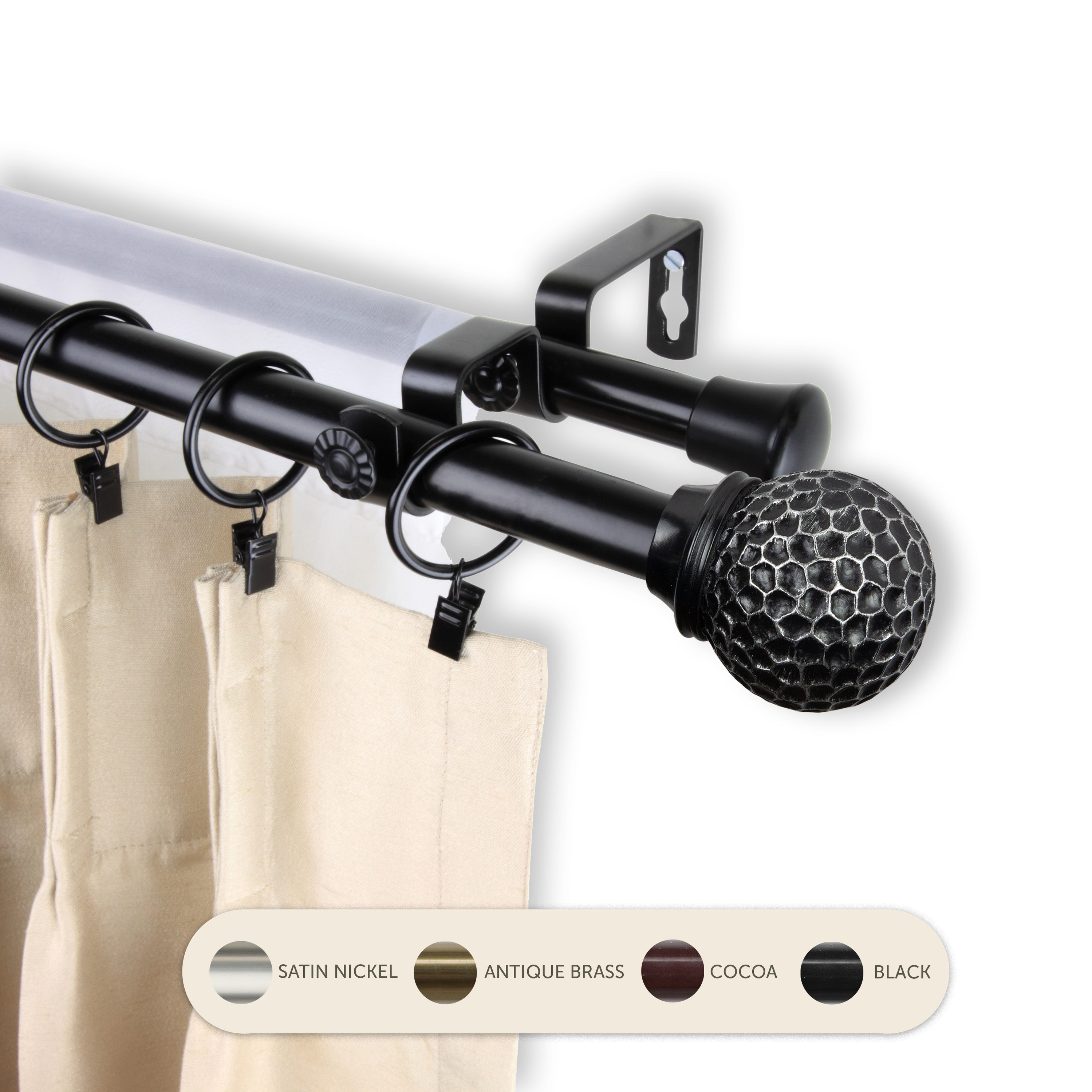 Hart & Harlow L-4785-992 Colin 13/16-in 120-in to 170-in Black Steel Double curtain rod with Finials