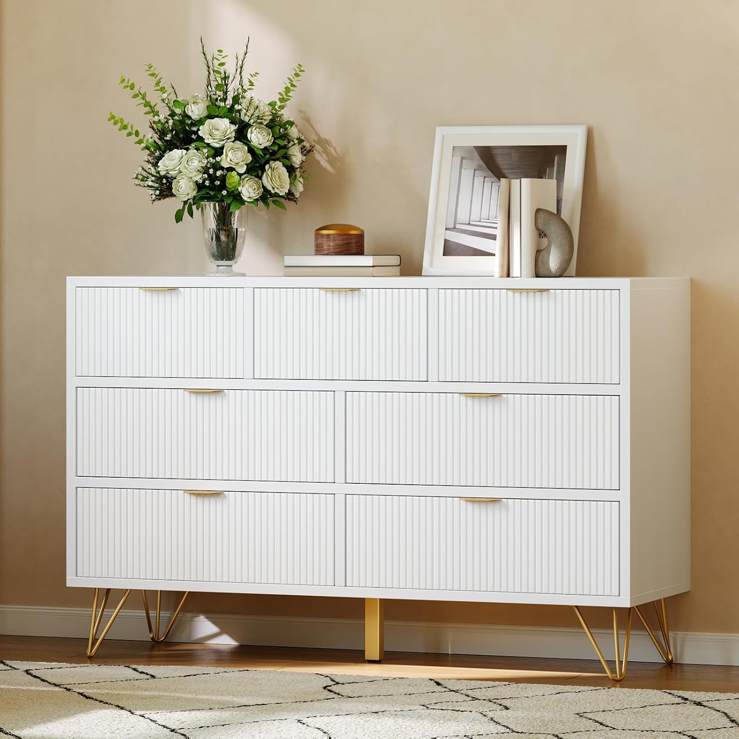 Edwards LHD-PHK-344LF4HT 7 Drawer Dresser White and Gold Chest with Metal Legs Narrow Storage Organizer for Bedroom Entryway Hallway Apartment Easy Assembly White