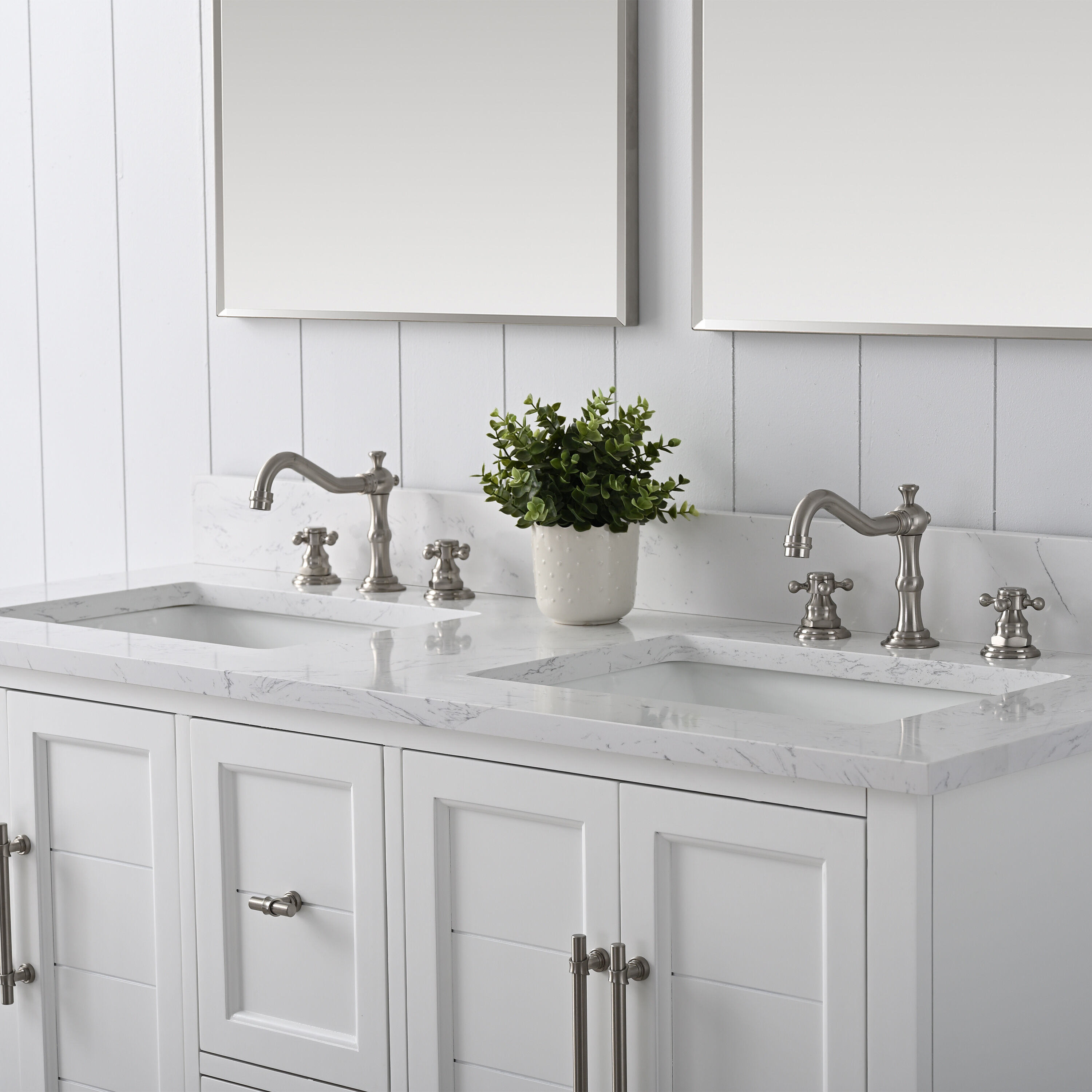 White Double Sink Bathroom Vanity with Quartz Top and Backsplash