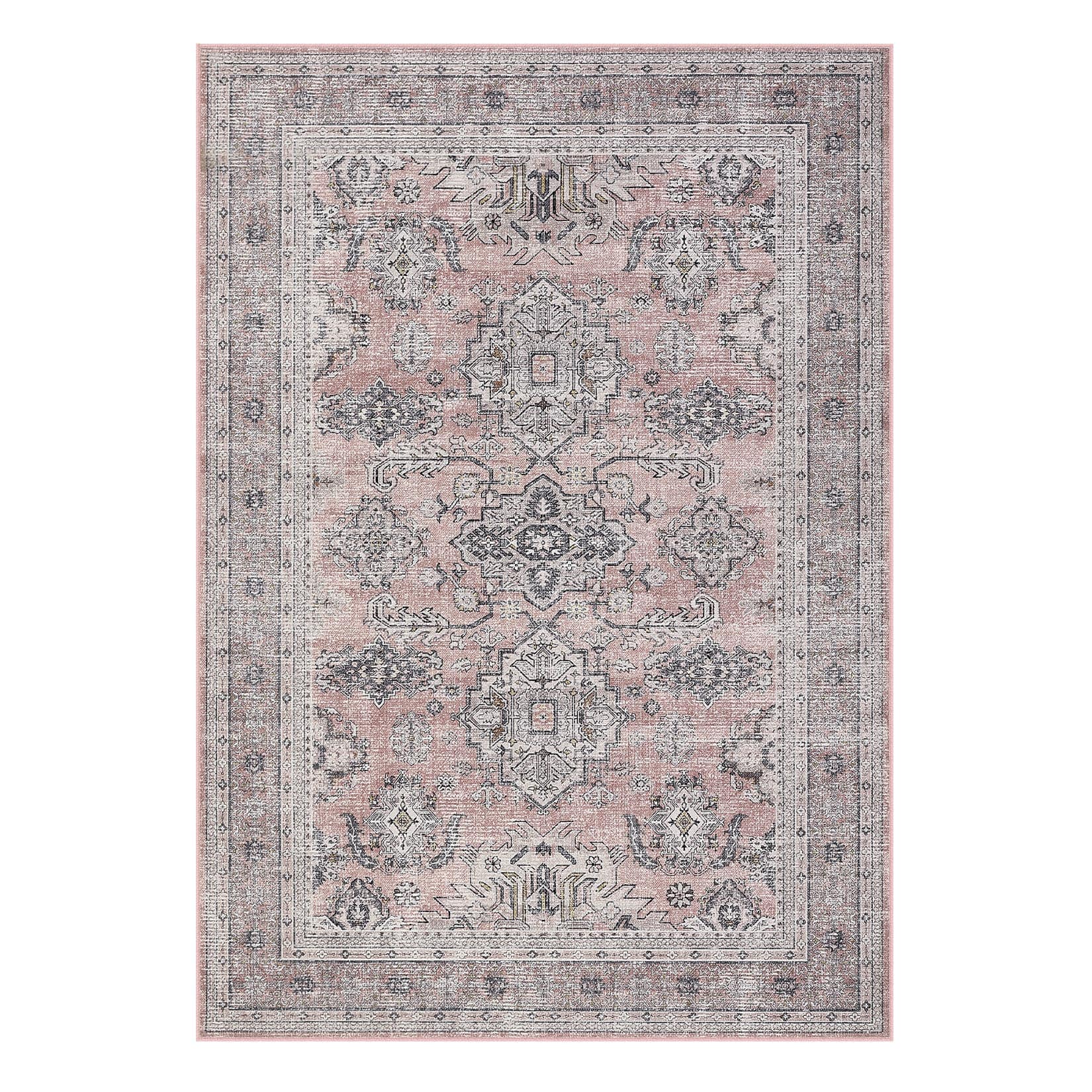 Qeetex LSN-PHO-34FEXDTQ 8 x 10 ft Polyester Pink Rectangular Hallway Bathroom Entryway Kitchen Office Foldable Geometric Traditional Washable Area Rug