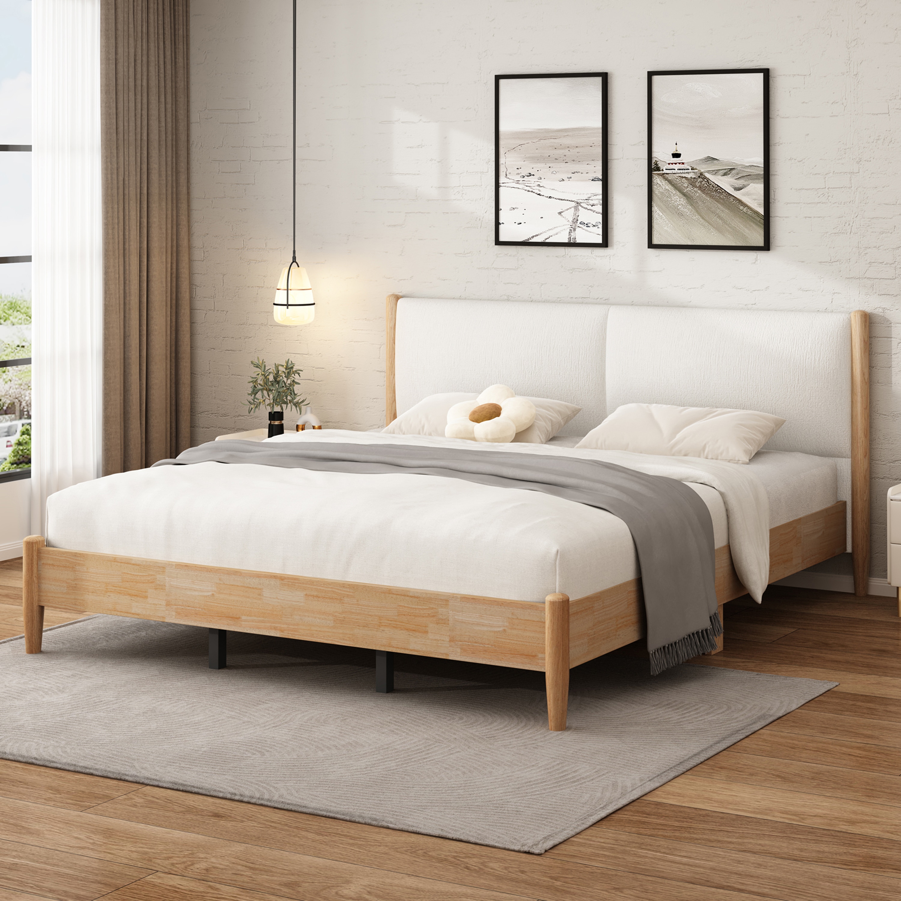 Christopher Knight Home 343176 California King Natural wood Bed Frame with White Cozy Upholstered Headboard