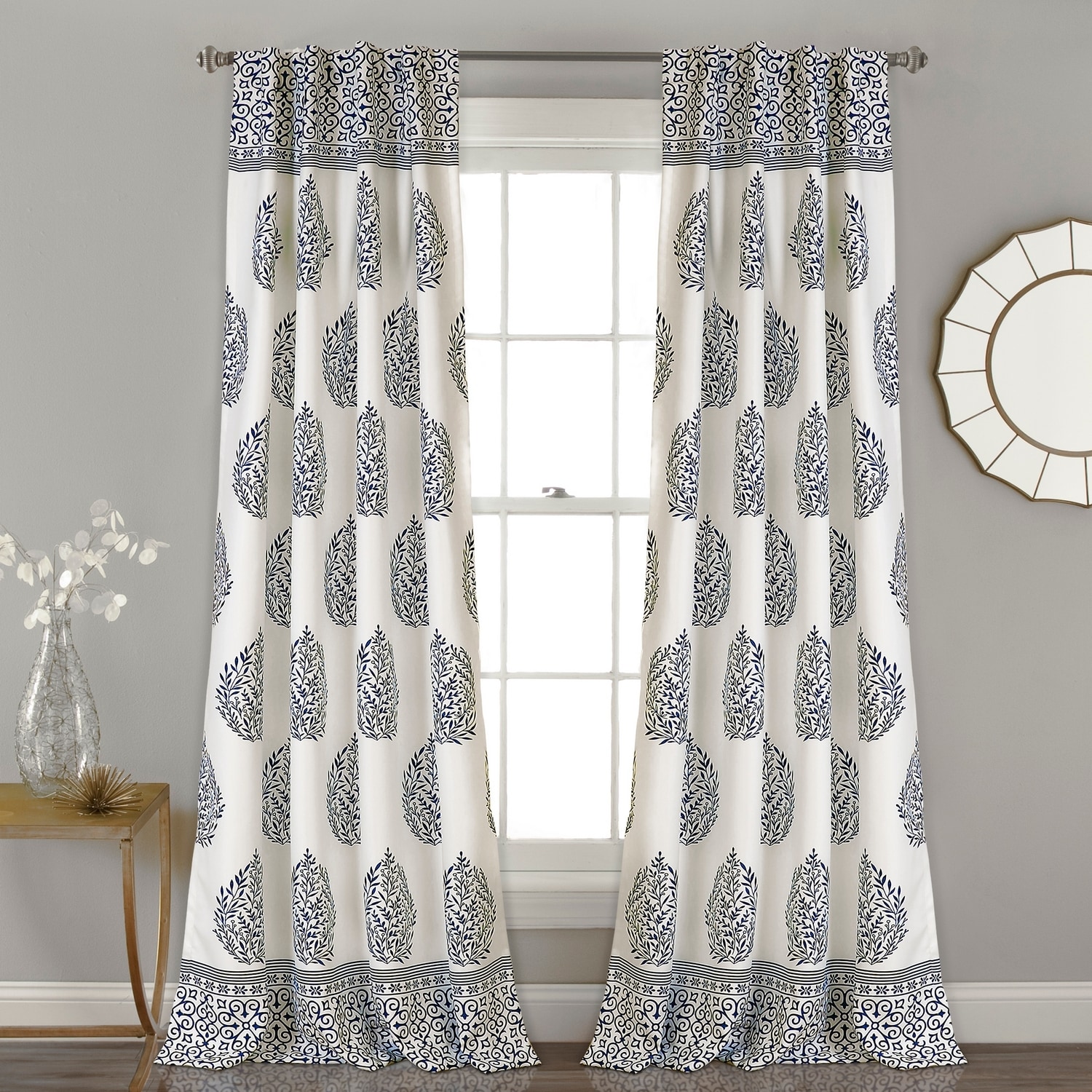 Lush Decor 16T001909 84-Inches Navy Floral Light filtering Back tab/Pinch pleat/Rod pocket Curtain panel pair
