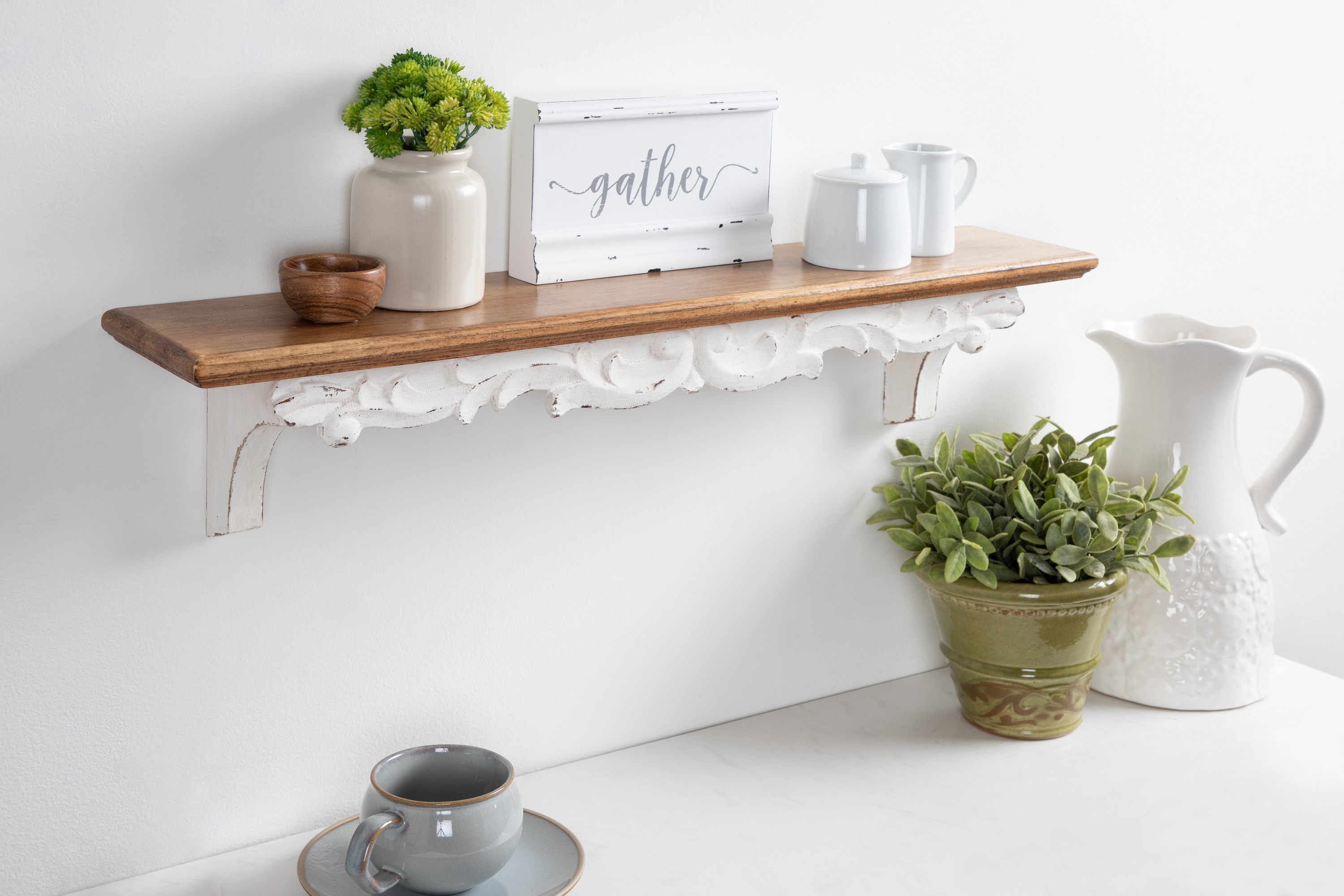 Rustic Brown and White Fir Wood Floating Wall Shelf