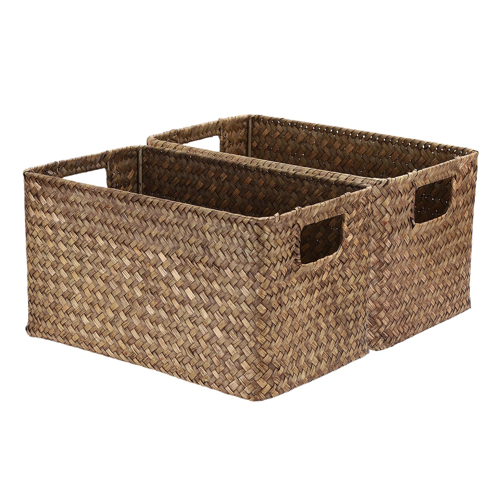 UUDULY  2 pack natural seagrass baskets with handles handwoven wicker storage bins for organizing snacks books towels closet shelves 13 inch