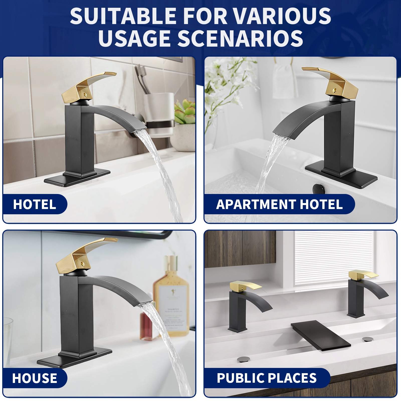 Gold and Black Waterfall Single Handle Bathroom Faucet