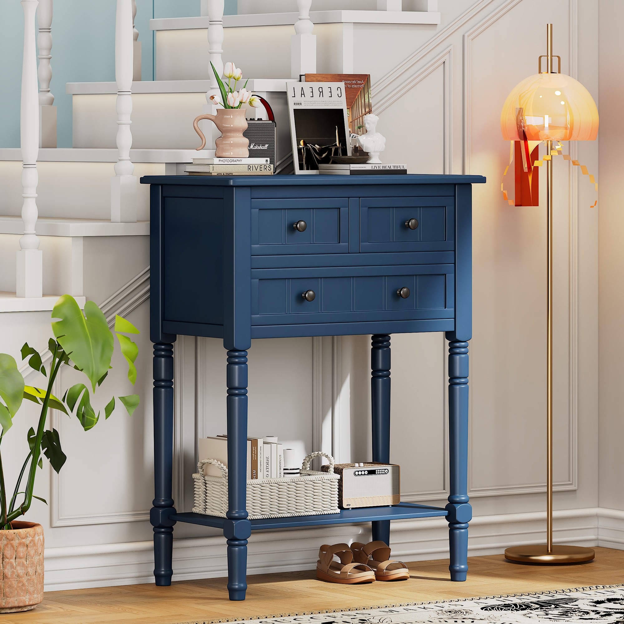 ModernLuxe N715P180478M Narrow Console Table Slim Sofa Table with Three Storage Drawers and Bottom Shelf Navy