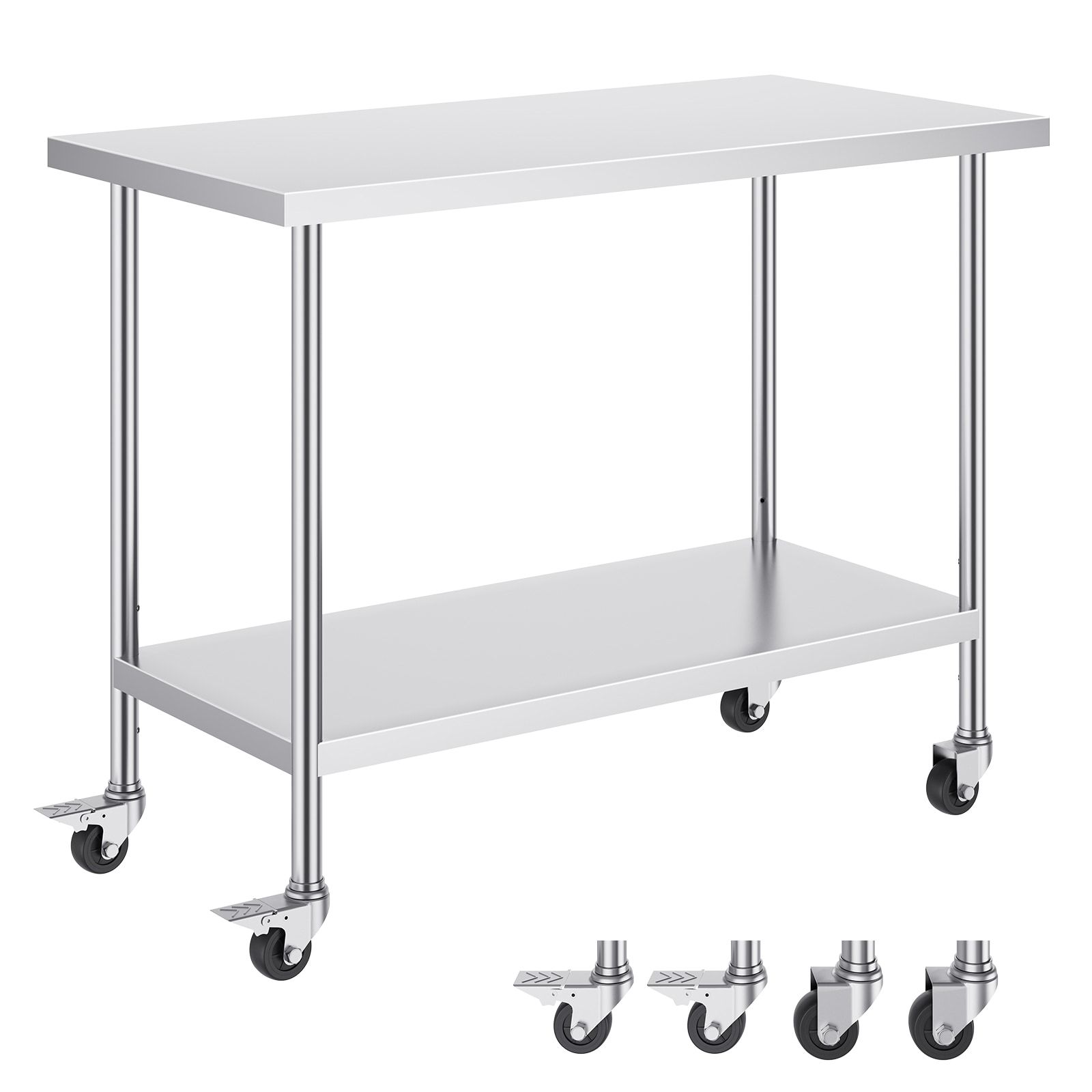VEVOR SCCFBXGGZTLC04972V0 Stainless Steel Work Table 24 x 48 x 38 Inch  with 4 Wheels  3 Adjustable Height Levels  Heavy Duty Food Prep Worktable for Commercial Kitchen Restaurant  Silver