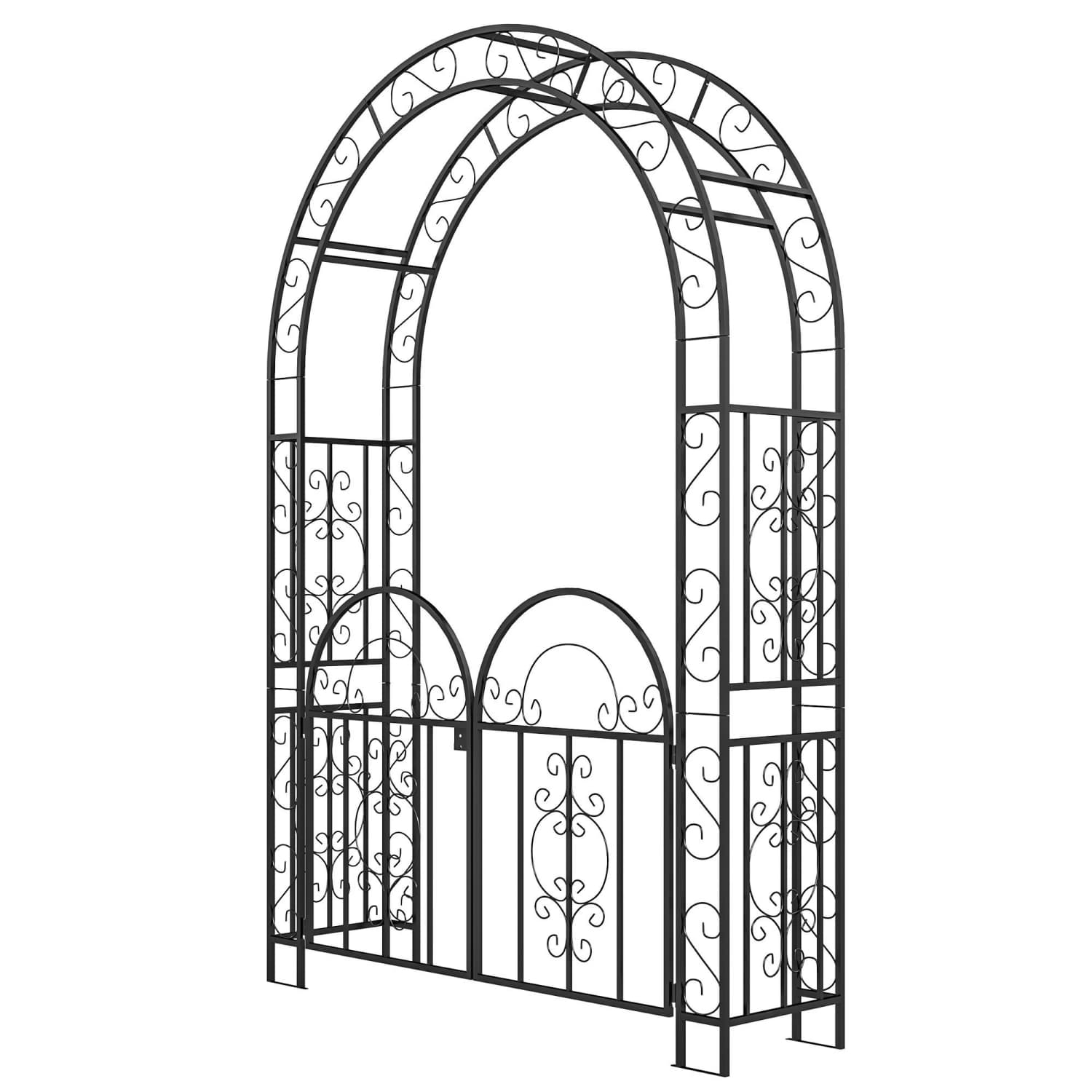 Angel Sar - 5-ft W x 7.4-ft H Arch Shape Black Steel Garden Arch with Gate Garden Arch Trellis fo...