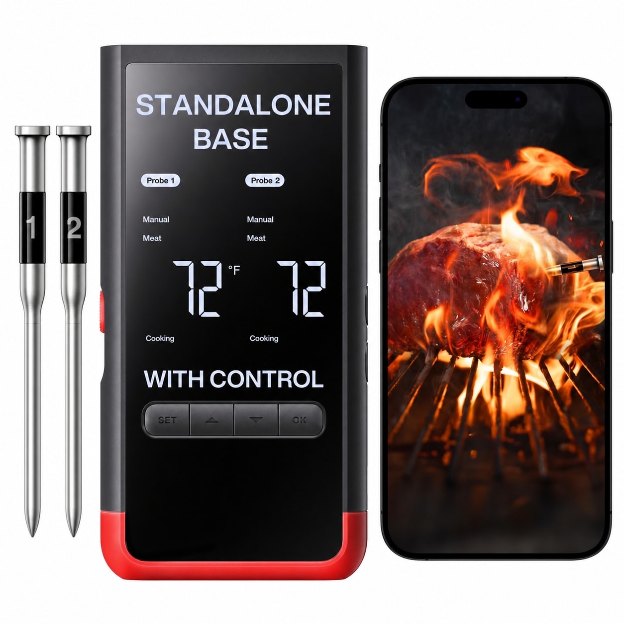 Adrinfly - Smart Bluetooth Wireless Meat Thermometer WiFi Unlimited Range Display Base 6 Sensor ...