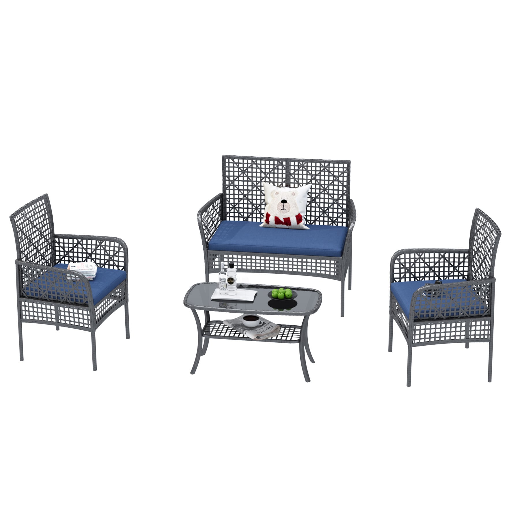CESICIA QS-041 Patio Chairs Set of 2 Wicker Blue Wicker Frame Stationary Conversation Chair with Blue Woven Seat