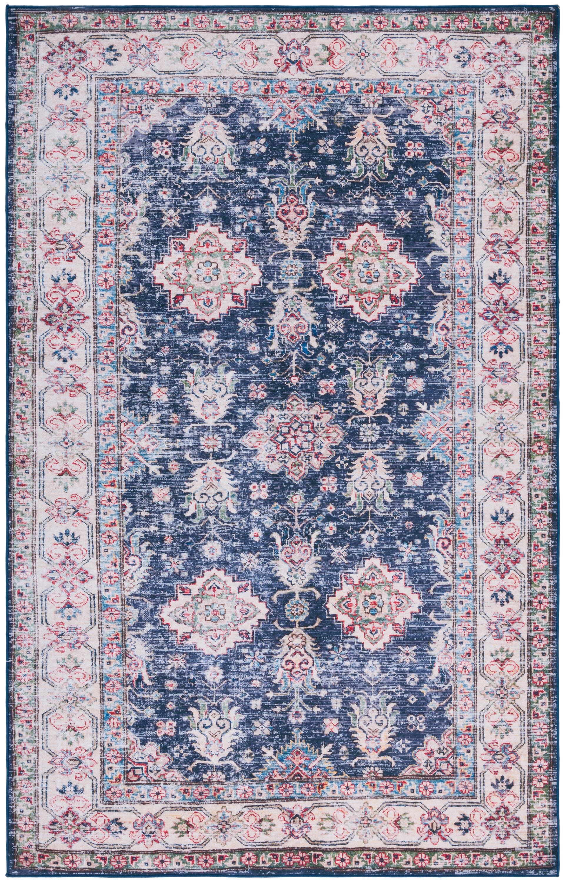 Navy and Beige 6' x 9' Synthetic Washable Area Rug