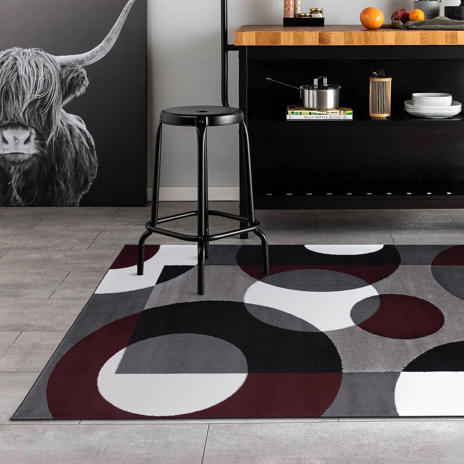 Burgundy and Gray Geometric Synthetic Rectangular Area Rug