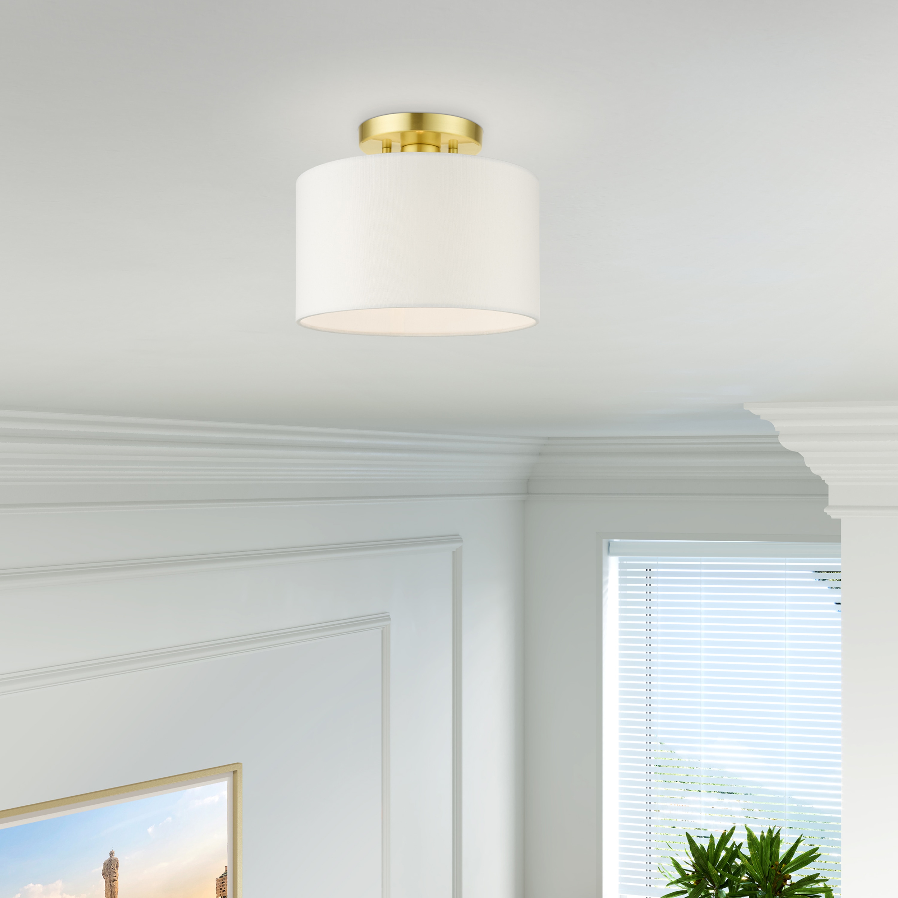 Satin Brass Glass Drum Indoor/Outdoor Semi-Flush Mount Light