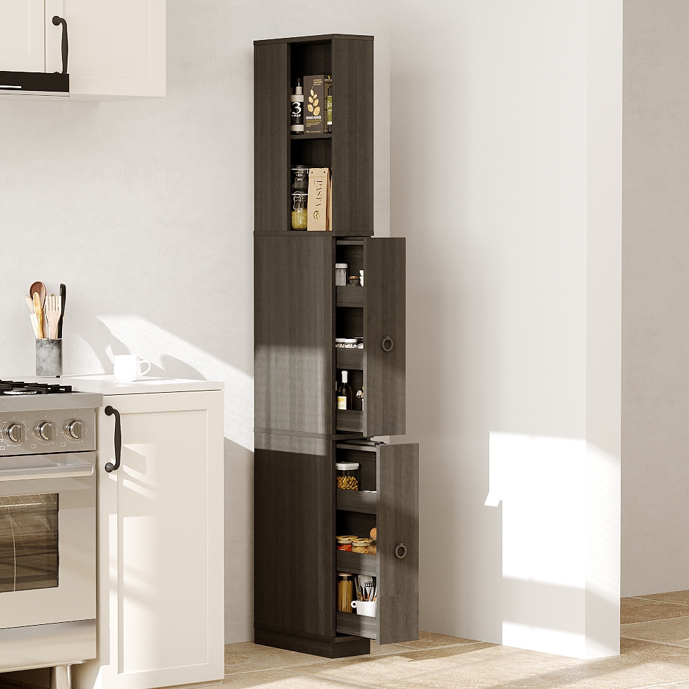 Homsee C-KF520021-01 Charcoal Wood 72.8 in Slim Accent Cabinet with Open Shelves and Side Pull-Out Drawers for Narrow Gaps and Tight Spaces