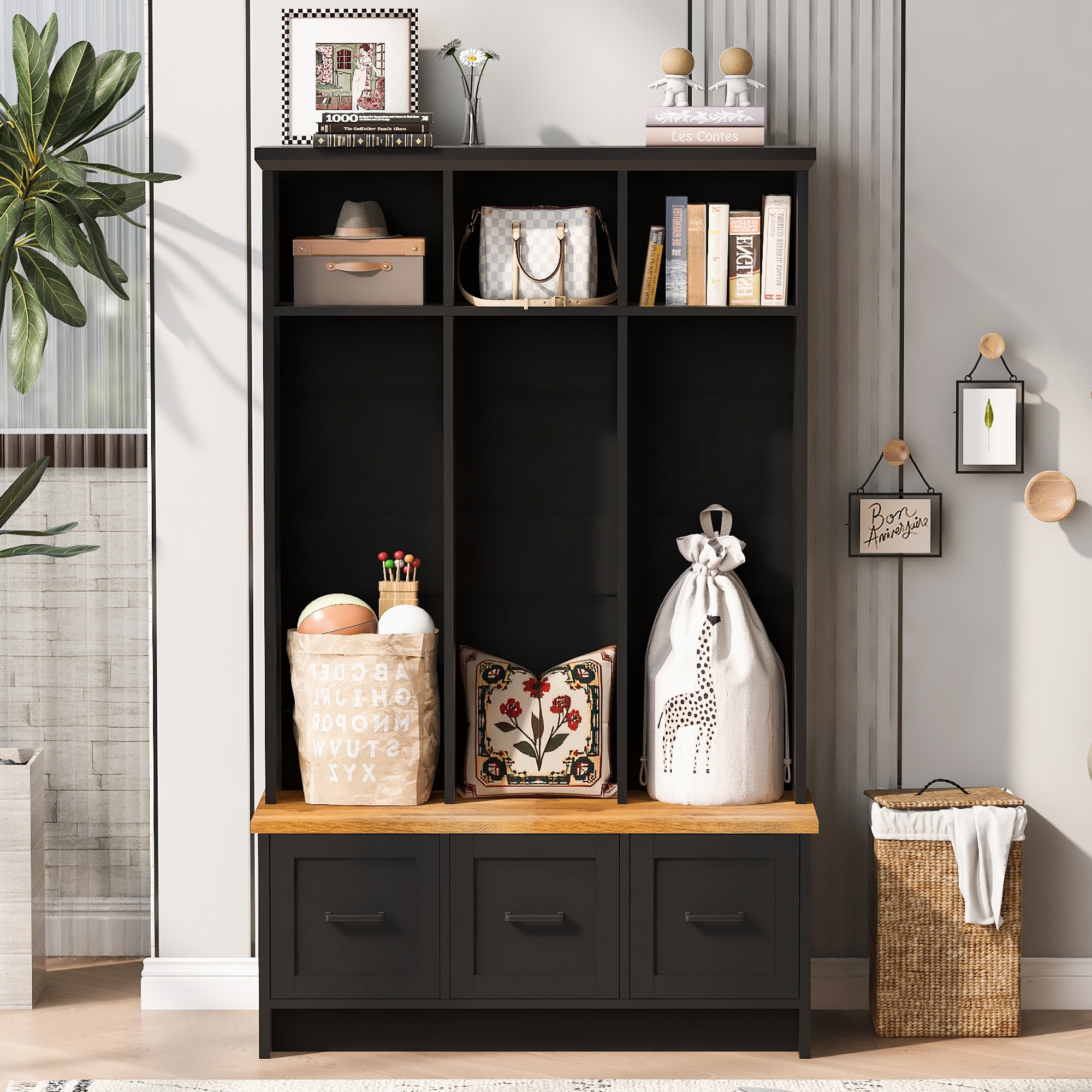ModernLuxe L3P-N724P264680B Modern Hall Tree with Entryway Bench 3 Shelves and Drawers 40.2inch Wide Hall Tree with Storage Bench for Hallway Entryway Living Room
