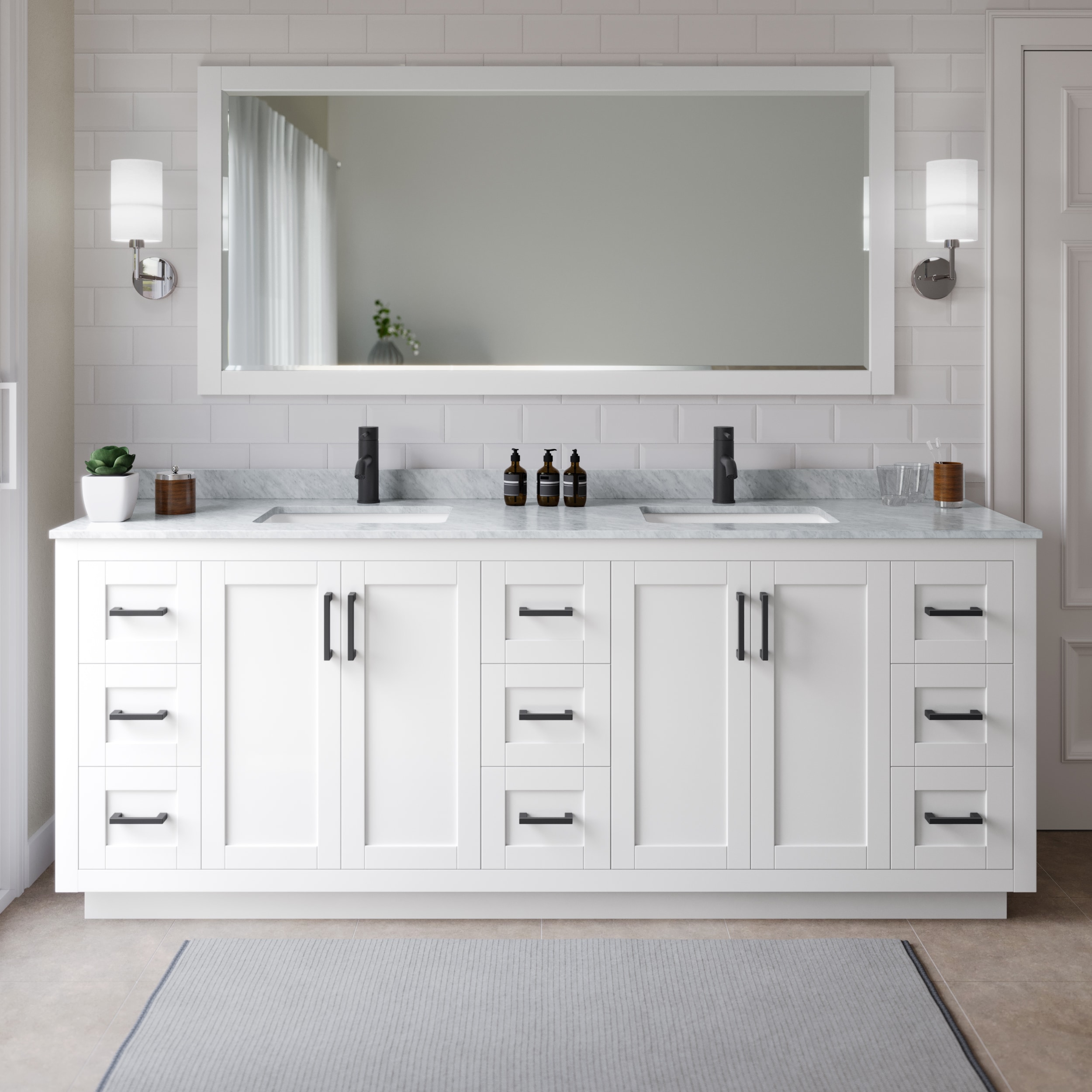 Wyndham Collection WCF292984DWBCMUNSMXX Miranda 84-in White with Matte Black Trim Undermount Double sink Bathroom Vanity with White Carrara Marble Marble Top