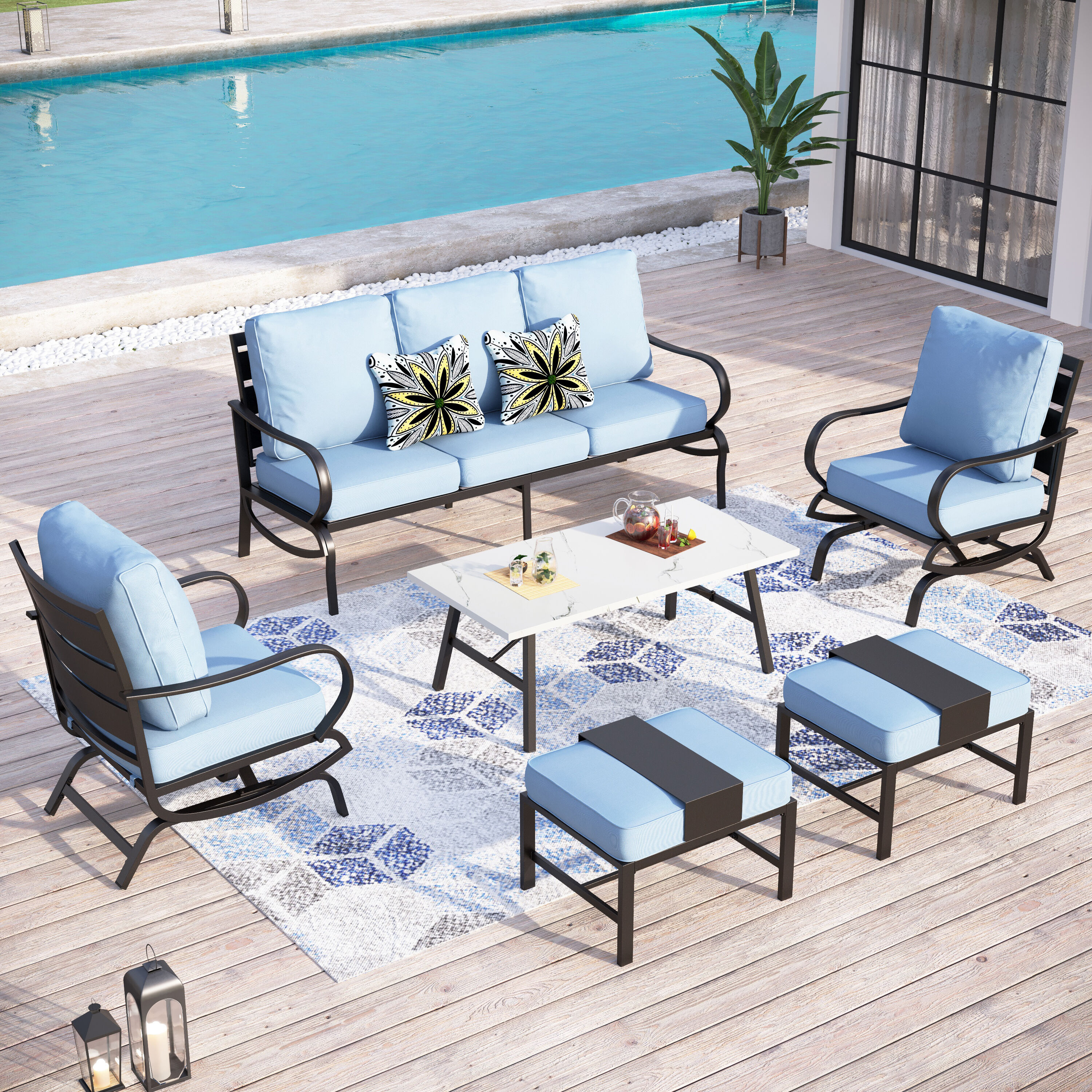 Sunshine Valley CP001-03-7-BL 6 -Piece Patio Sofa Conversation Set with Blue CUSHION PRO Cushions