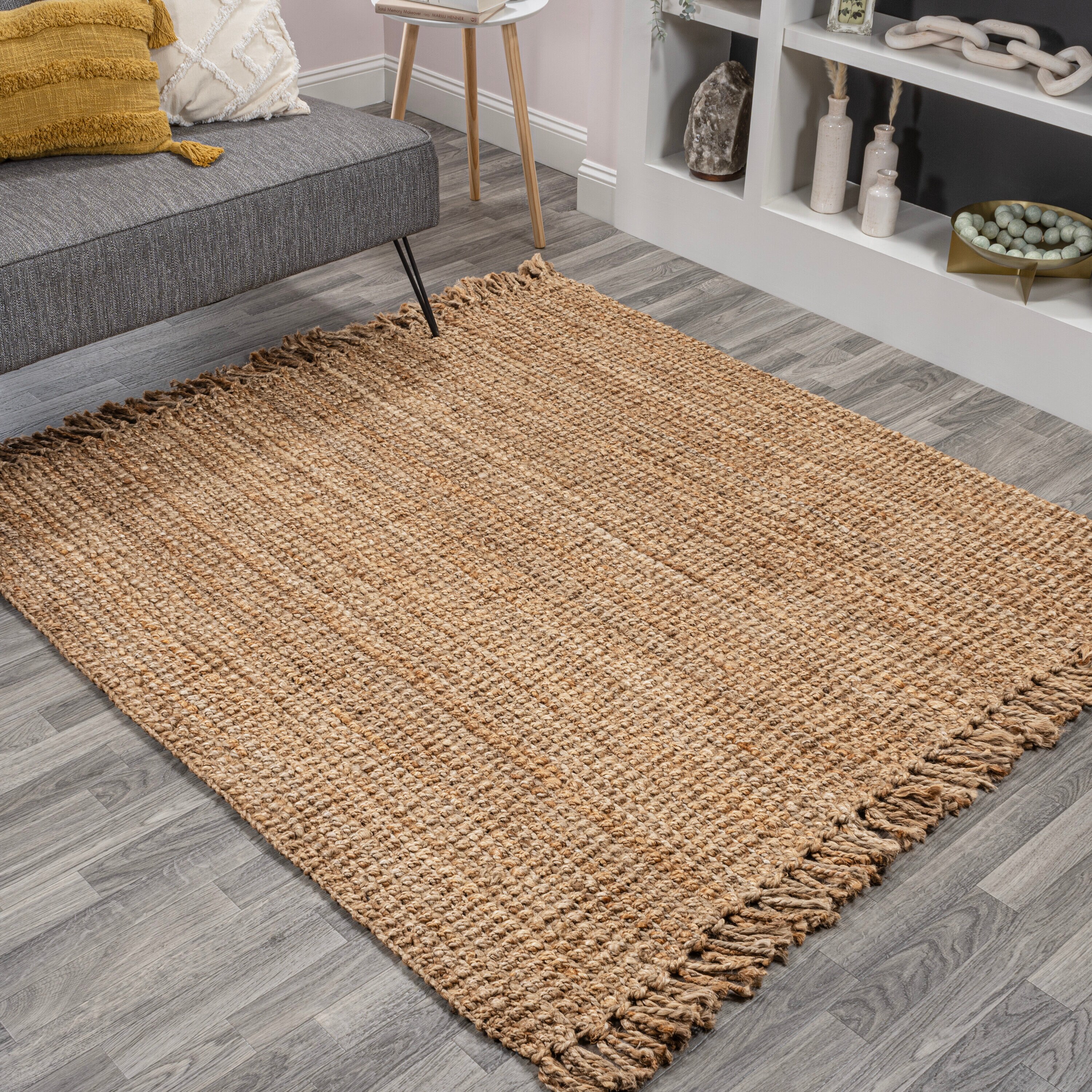 RUG Natural Jute in Square Hand Woven Area Rug Door Mat Rustic Look, Gray  Beige