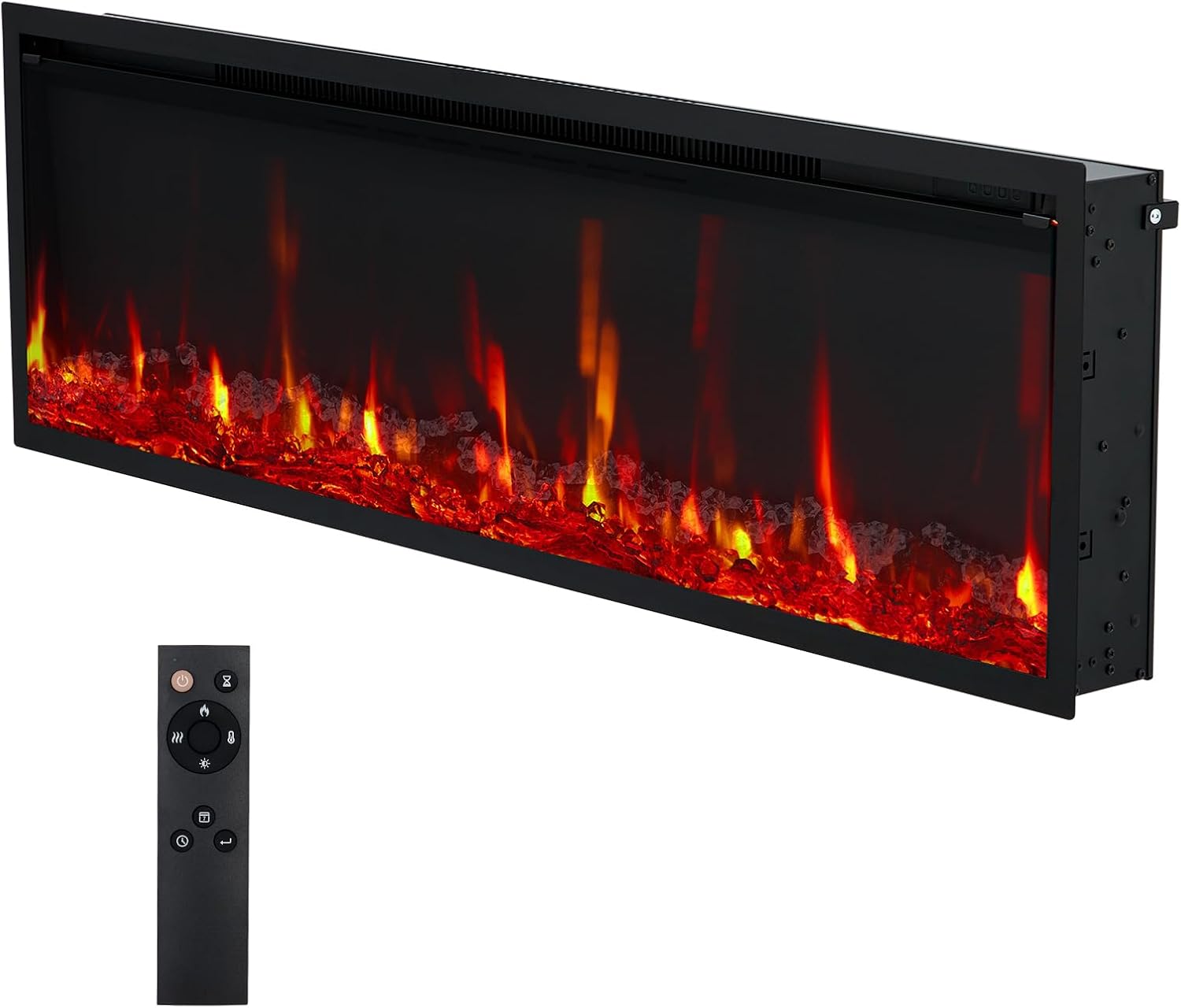 Qeetex 50 Inch Electric Fireplace Wall Mounted/Recessed with Remote Control 4.2 Inch Ultra-Thin Linear Fireplace Heater 750W/1500W with Timer 12-Color Flames Log and Crystal Options