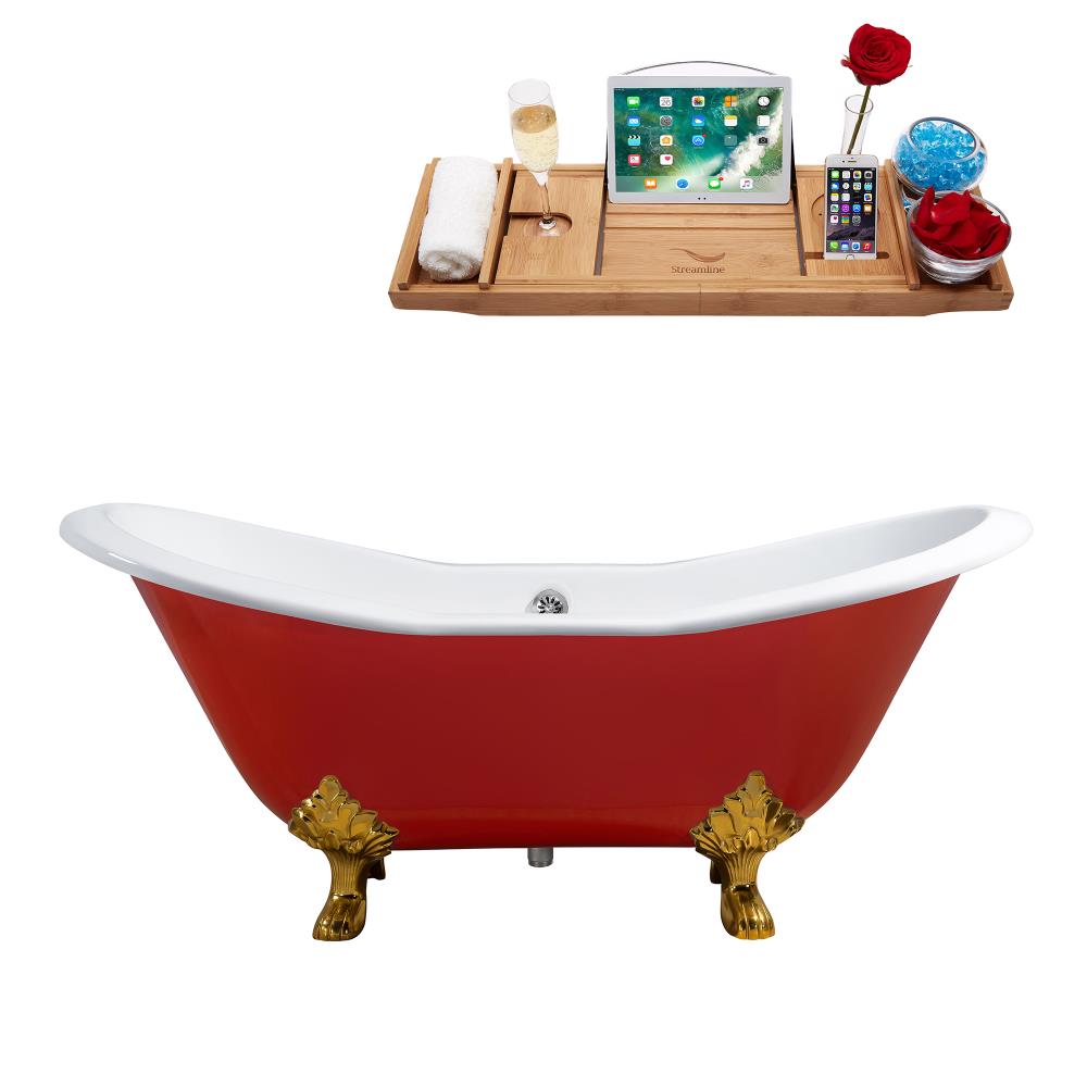 Streamline R5160GLD-CH 72.0077-Inches x 30.9054-Inches Glossy Red Cast iron Oval Clawfoot Soaking bathtub Drain ( Center Drain )