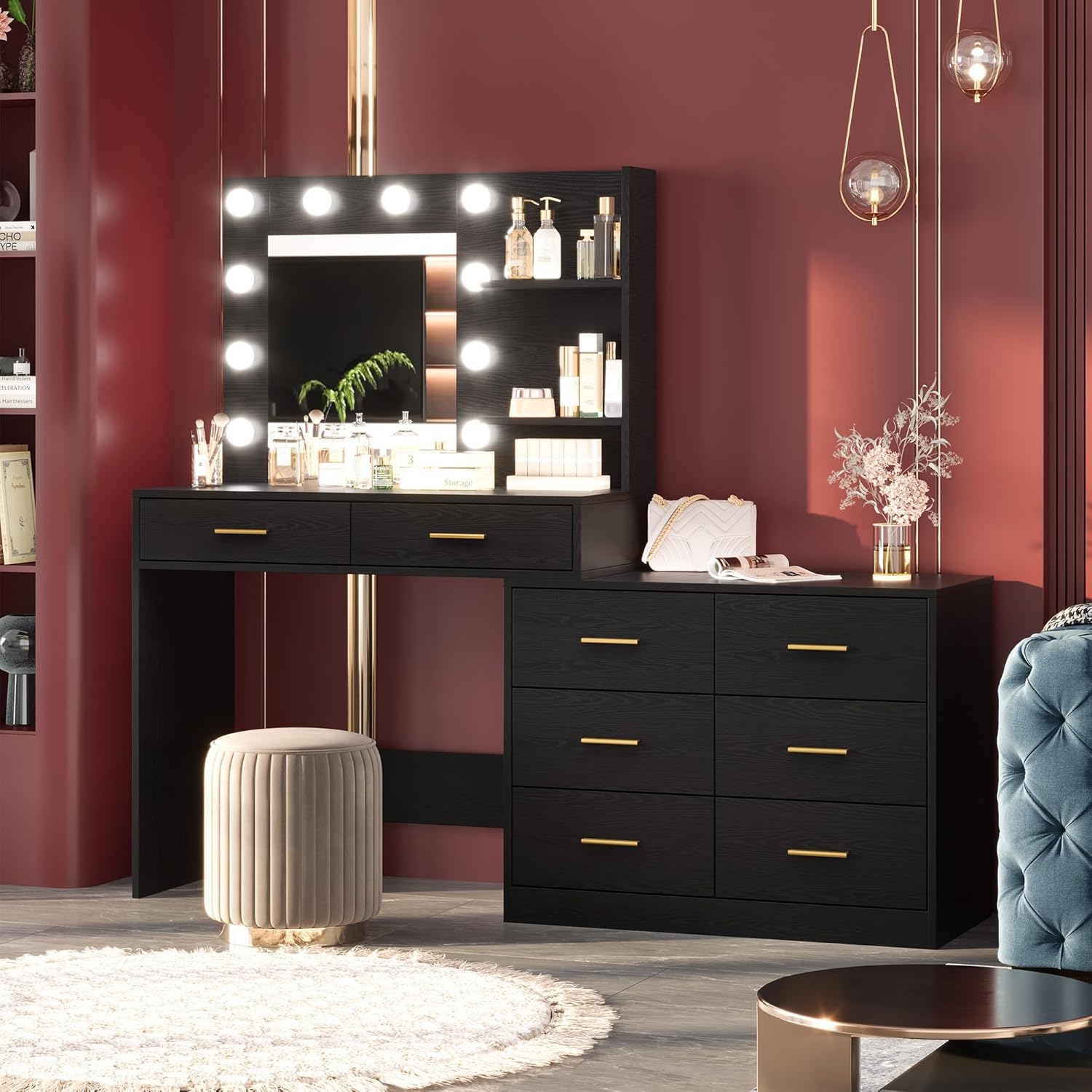Garvee Makeup Vanity Desk with Mirror and Lights Vanity Desk with 8 Drawers  Storage Shelves Vanity Table with Power Outlet 3 Color Modes  Adjustable Brightness Dressing Table BedroomBlack