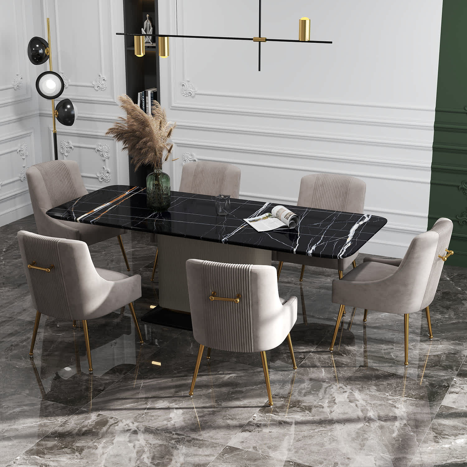 SEYNAR XY642-GREY-S6 Modern Glam Boucle Pleated Velvet Dining Chair or Vanity Chair Set of 6 with Rear Handle