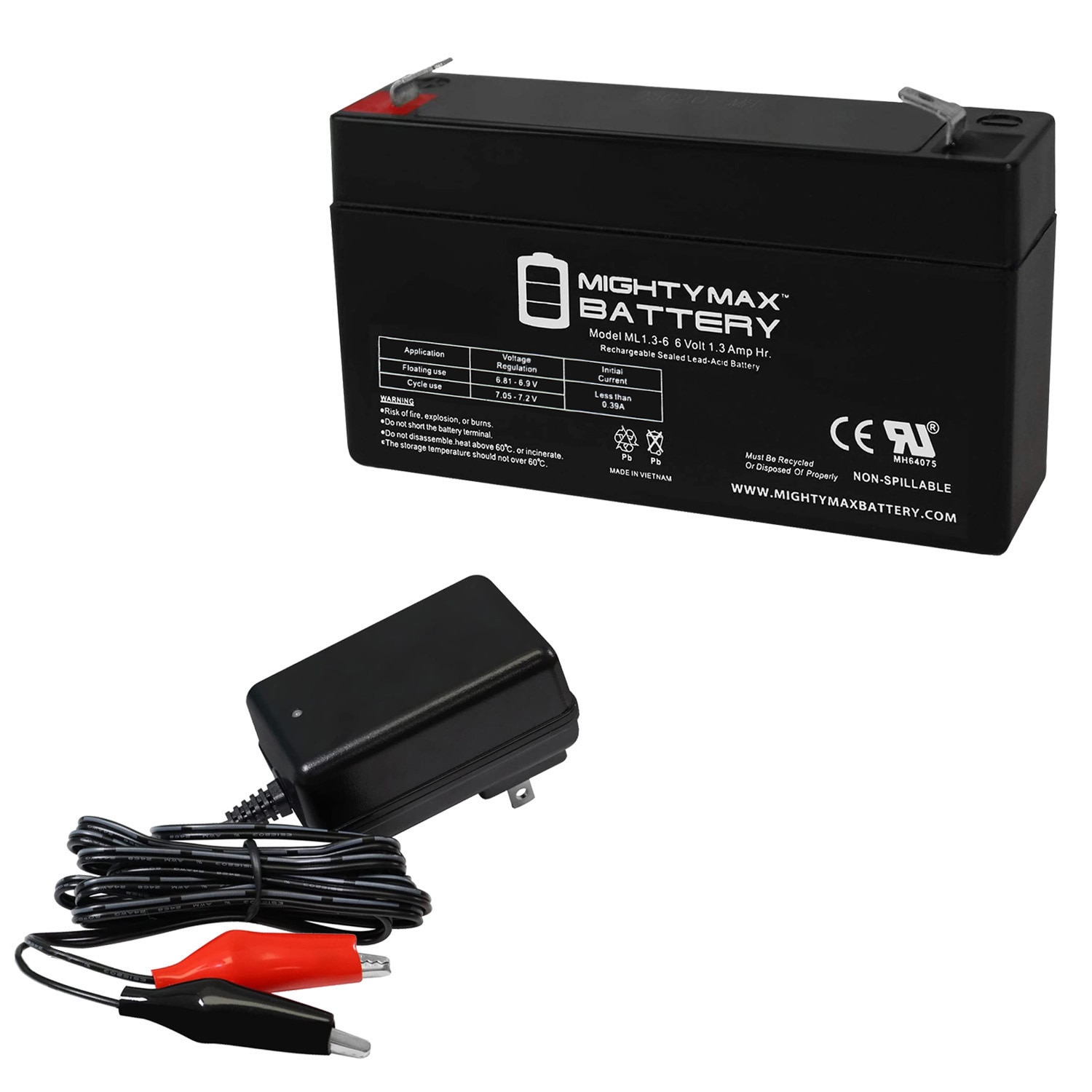 Mighty Max Battery ML1.3-6CHRGR1 ML1.3-6 6V 1.3AH F1 Terminal Includes 6V Charger Rechargeable Sealed lead acid 613 Backup power Batteries