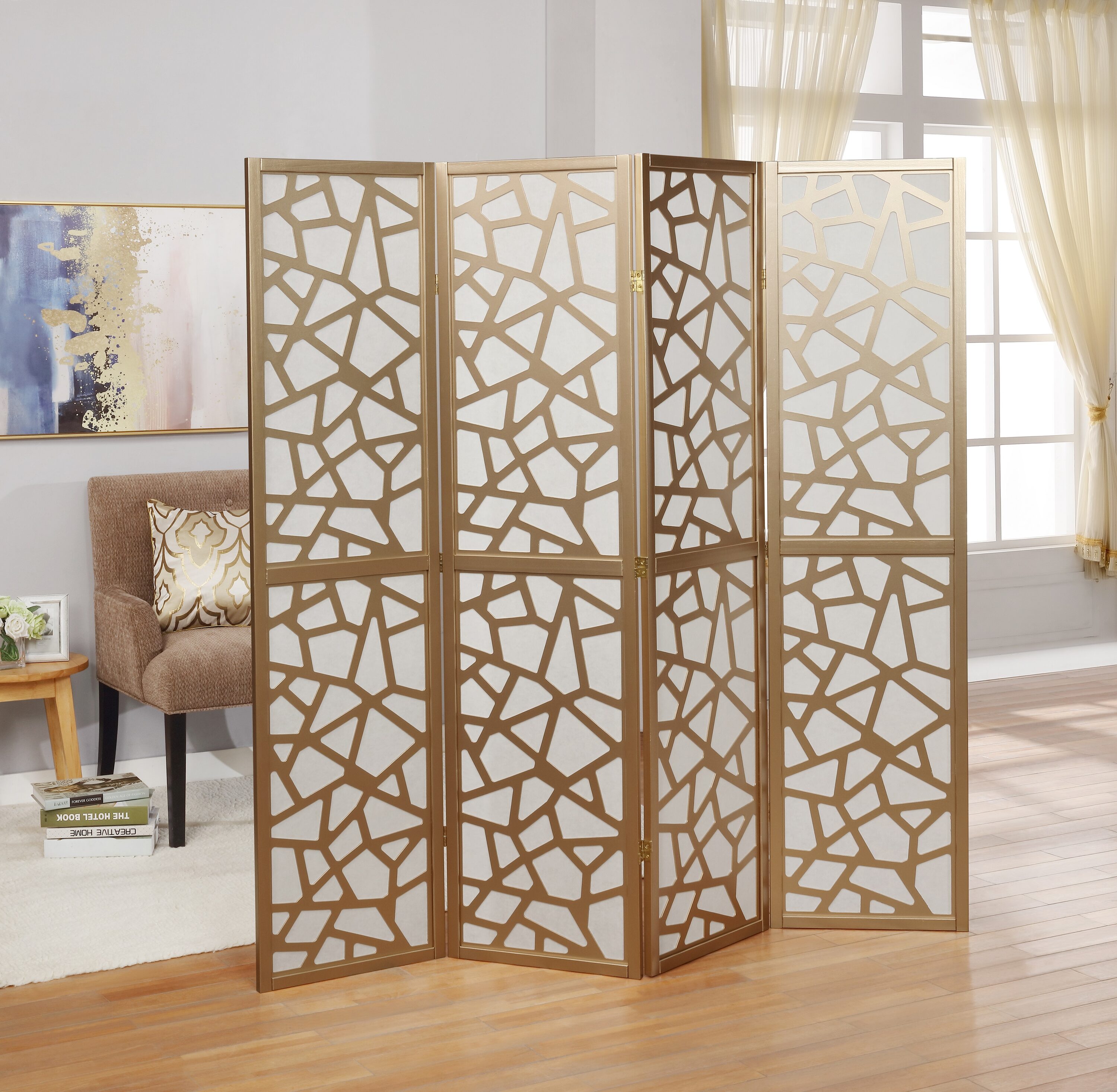 Tatayosi JL-165148 Gold 4 Panel Giyano Screen Room Divider