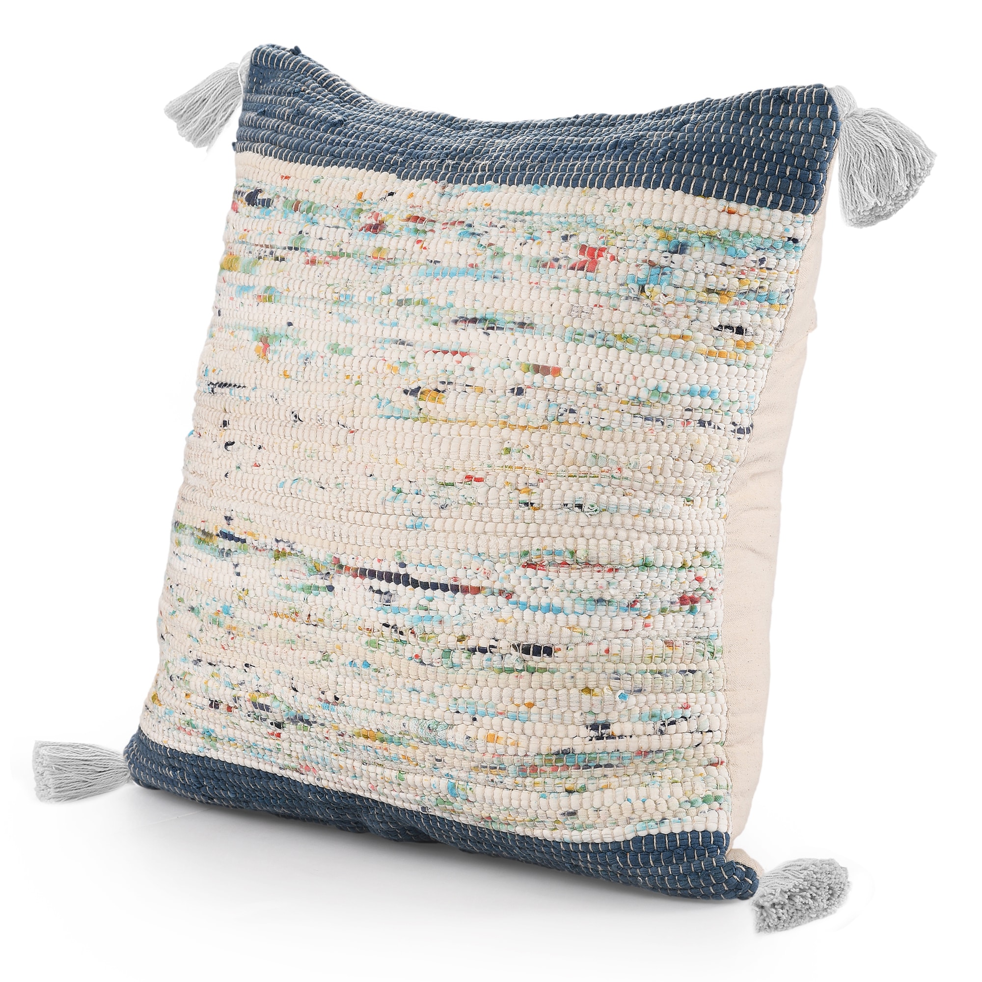 Revive Handwoven Blue and Multicolor Cotton Throw Pillow, 20" x 20"