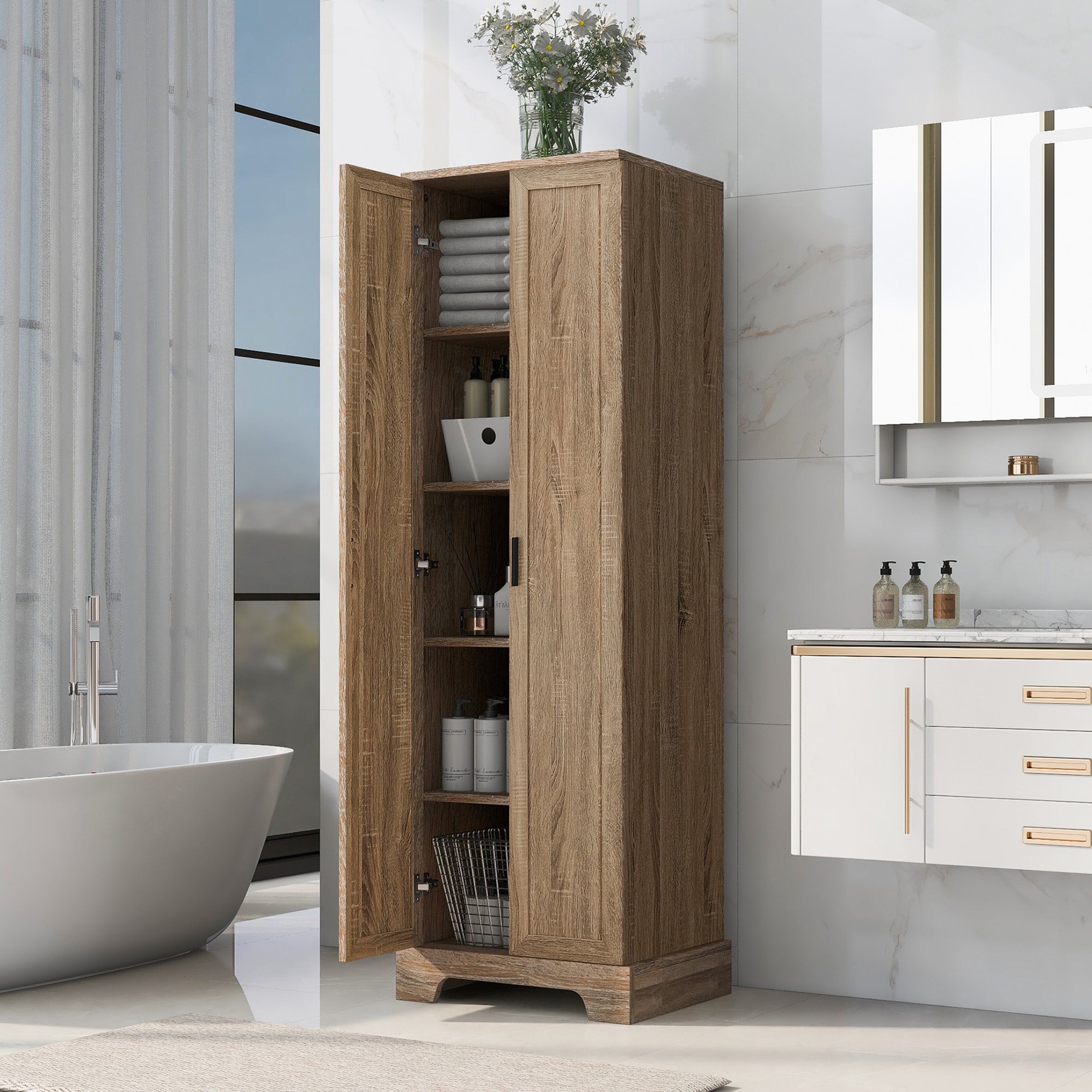 Tahanbath Storage Cabinet with Two Doors for Bathroom Office Adjustable Shelf MDF Board Brown