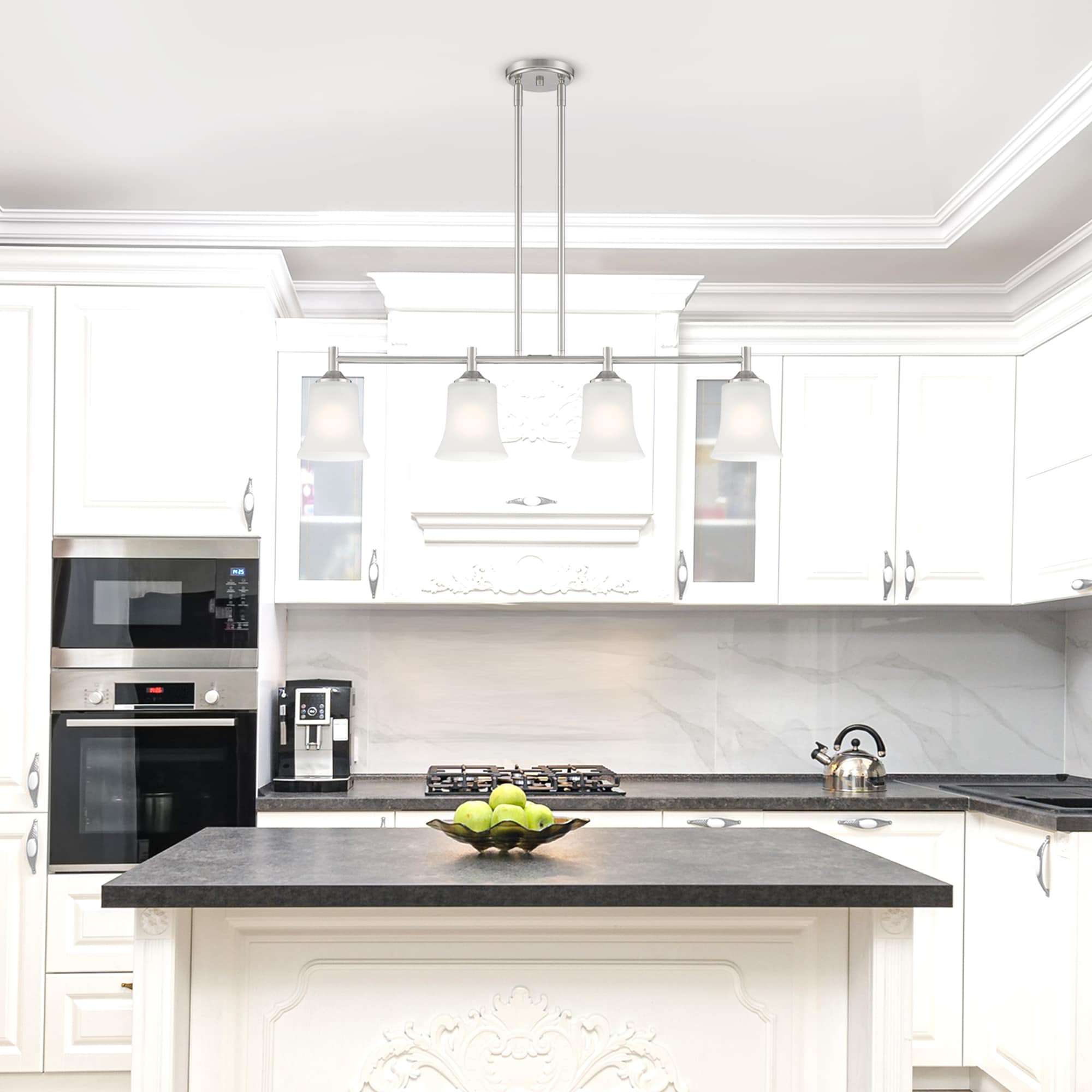 Designers Fountain D278M-IS-BN Bronson 4 -Light Brushed Nickel Transitional Frosted glass Bell Large Hanging Kitchen island light